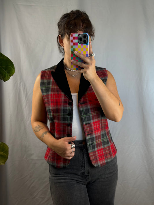 Rafaella 100% Wool Plaid Vest with Velvet Collar (1990's)