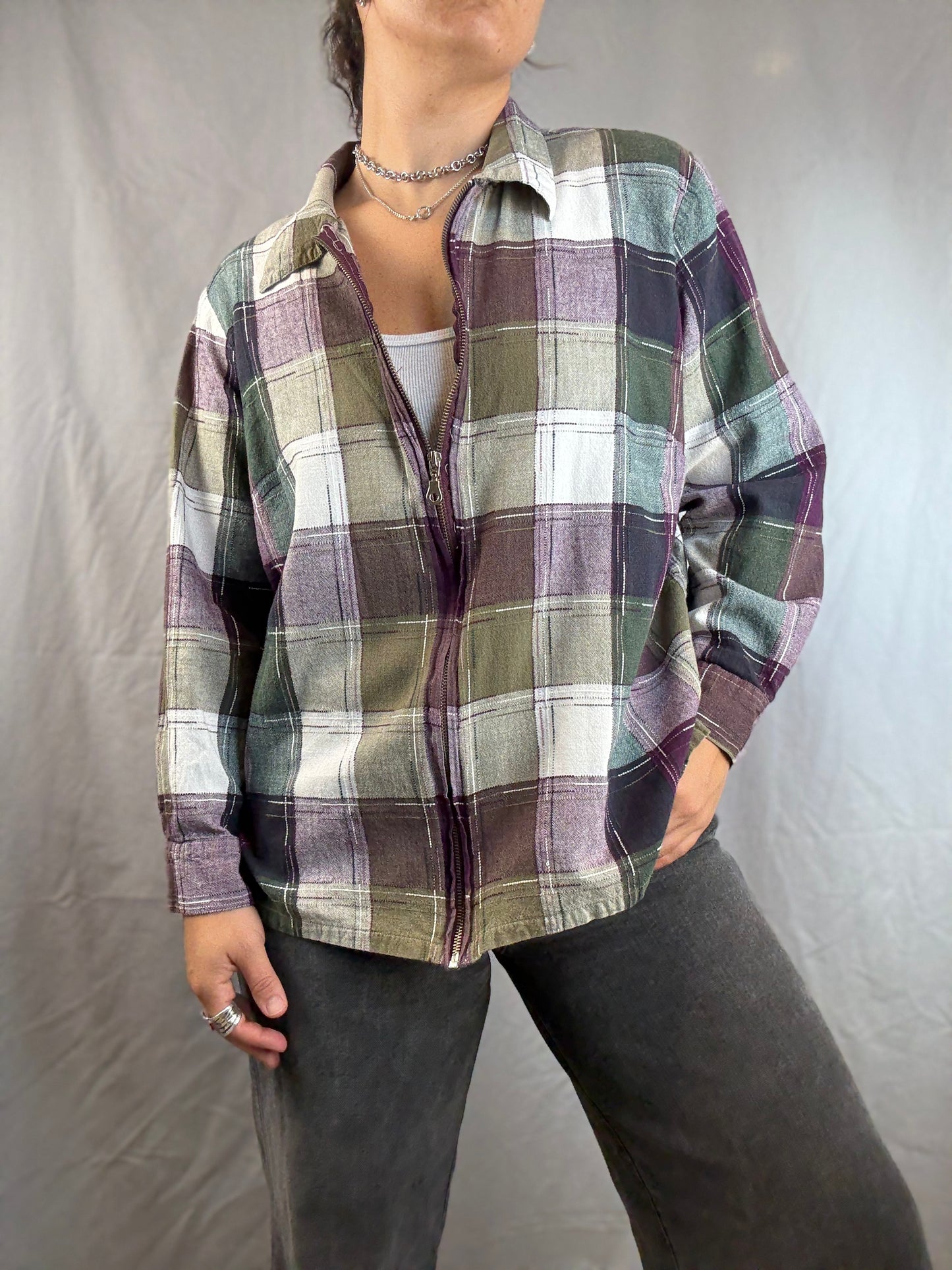 Essentials by Maggie Plaid Zip-Up Shirt Jacket (1990's-Y2K)