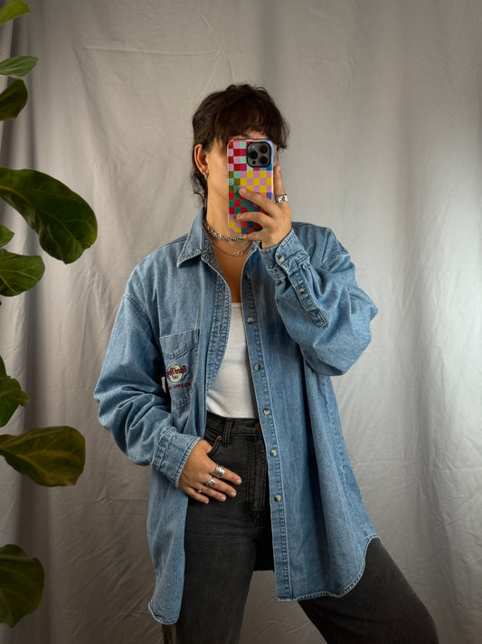 Hard Rock Cafe Atlantic City Embroidered Denim Button-Up Shirt (1990's)