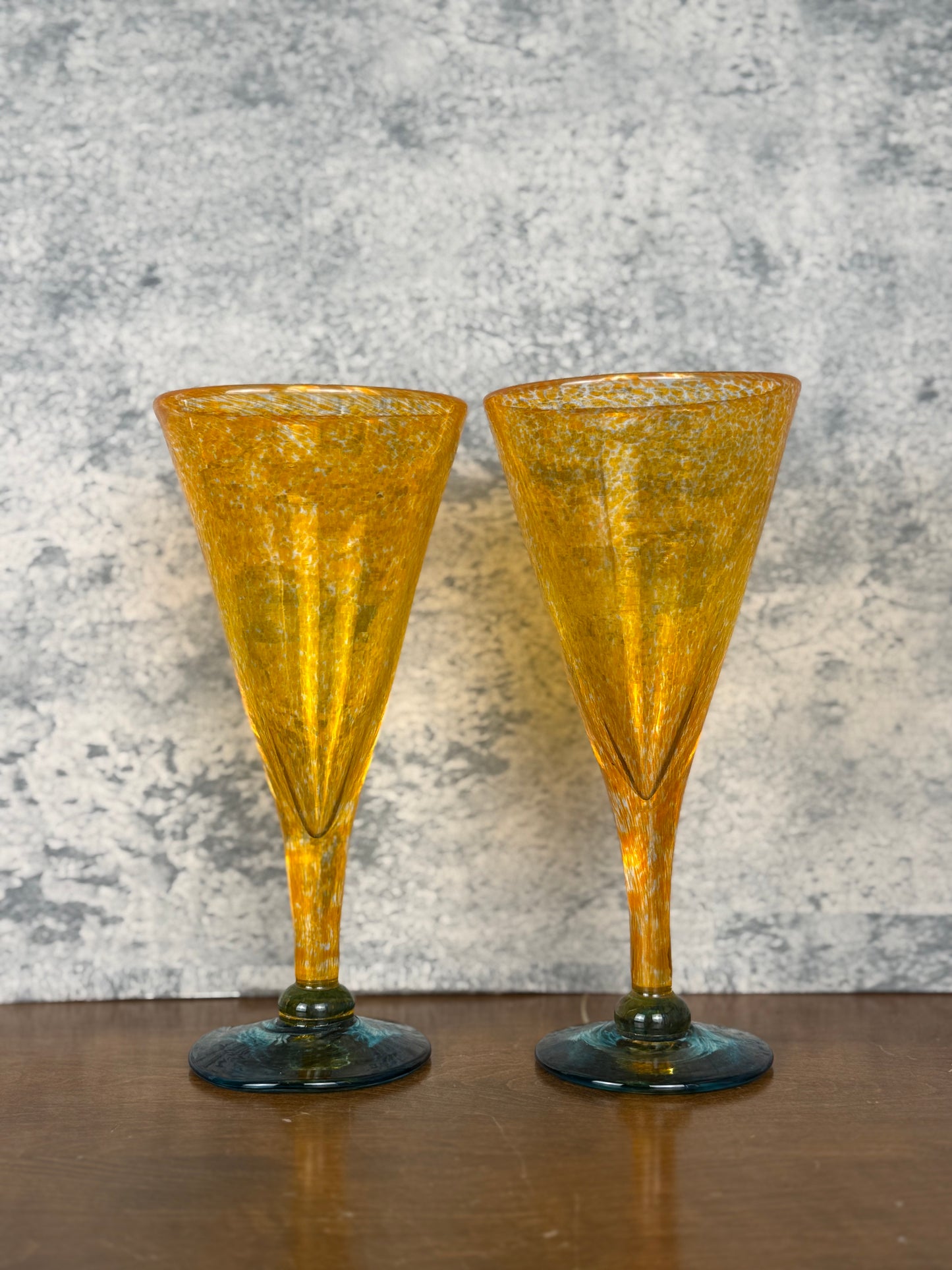 Handblown Orange & Teal Cocktail Glasses, Set of 2 (1990's)