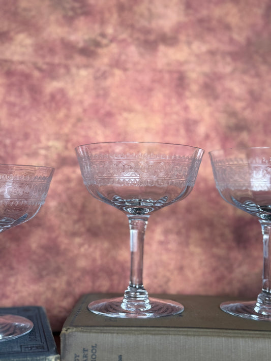 Art Deco Needle-etched Crystal Champagne Coupes, Set of 6 (1920's-1940's)