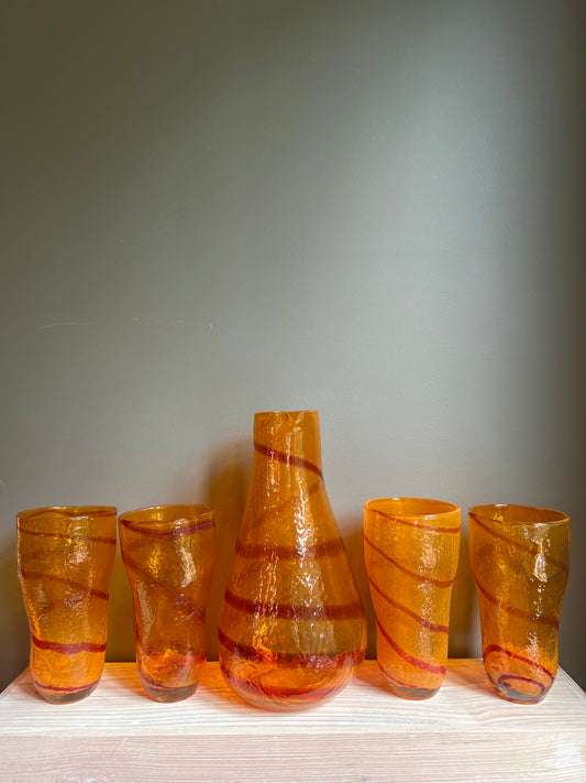 Orange Swirl Handblown Glass Pitcher & Cup Serveware Set, Set of 5