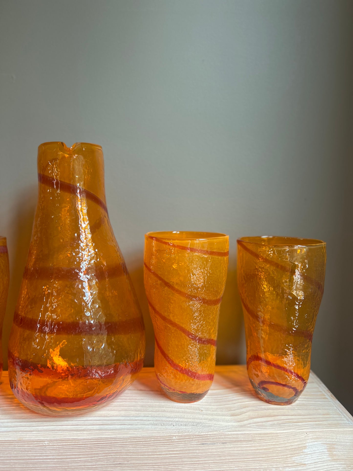Orange Swirl Handblown Glass Pitcher & Cup Serveware Set, Set of 5
