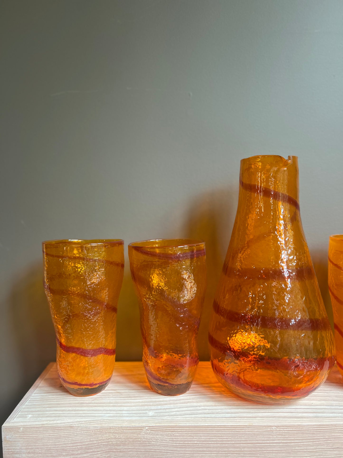 Orange Swirl Handblown Glass Pitcher & Cup Serveware Set, Set of 5