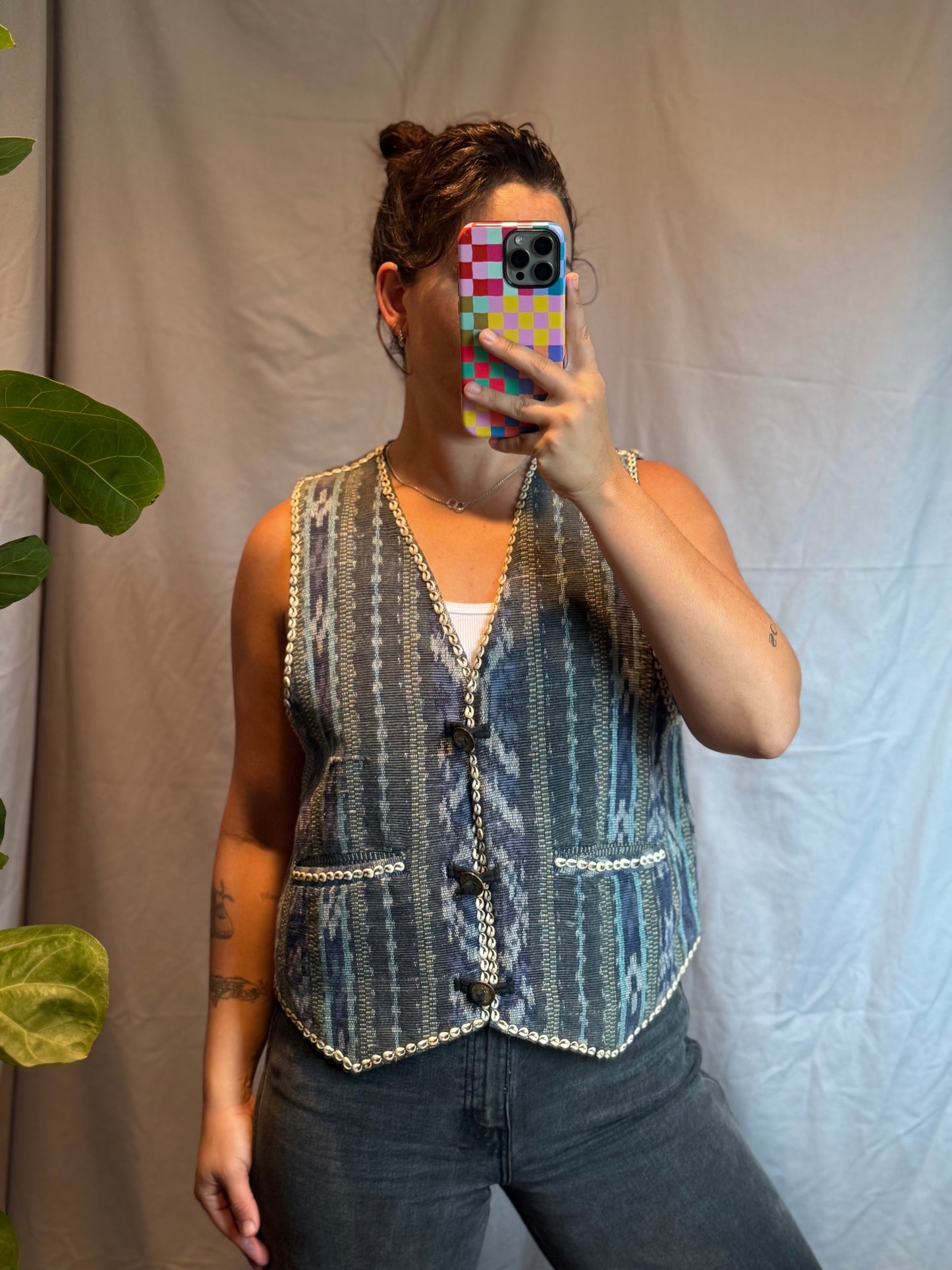 Indo-Crafts Cowrie Shell Woven Boho Vest (1970's-1980's)