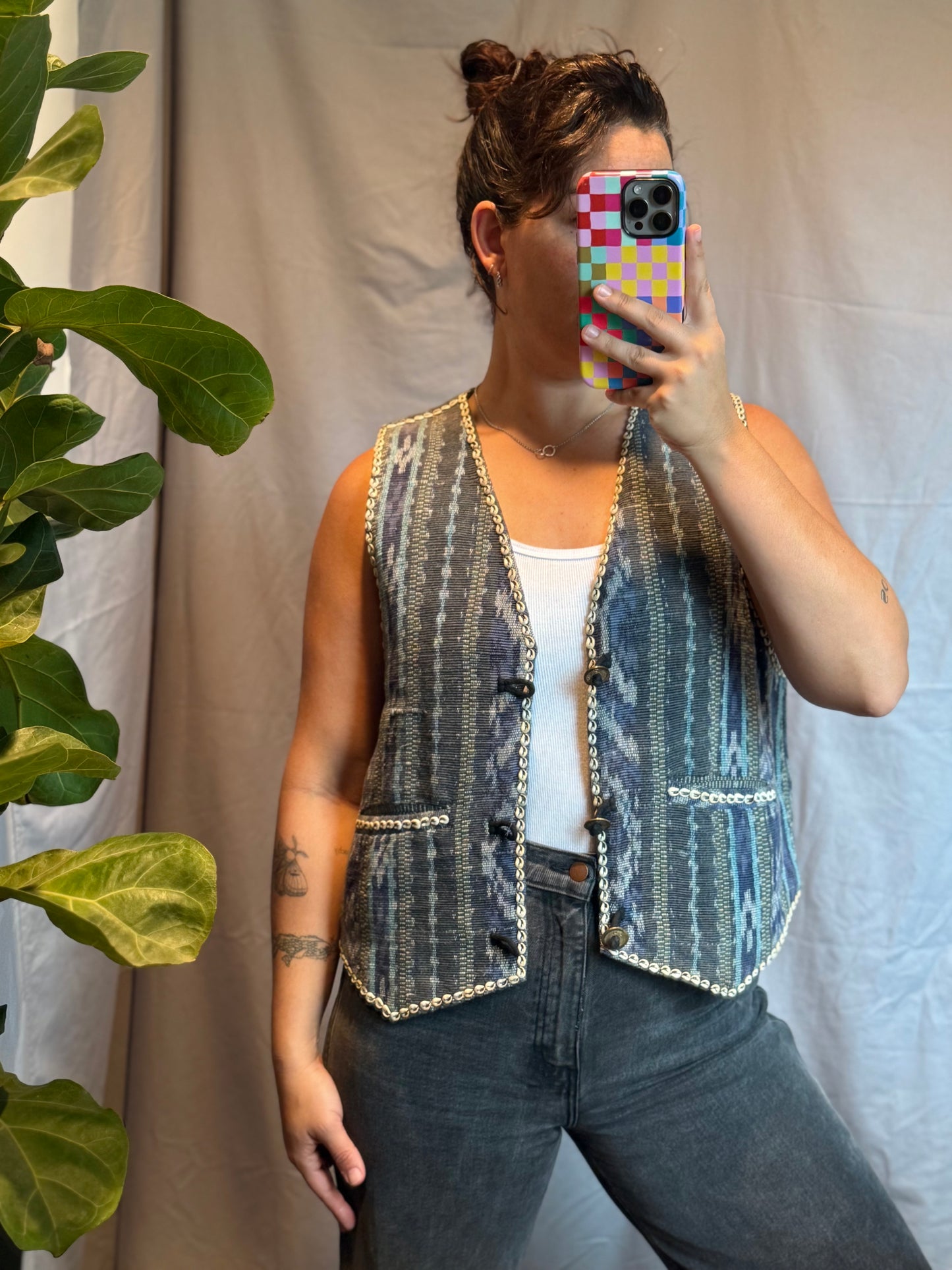 Indo-Crafts Cowrie Shell Woven Boho Vest (1970's-1980's)