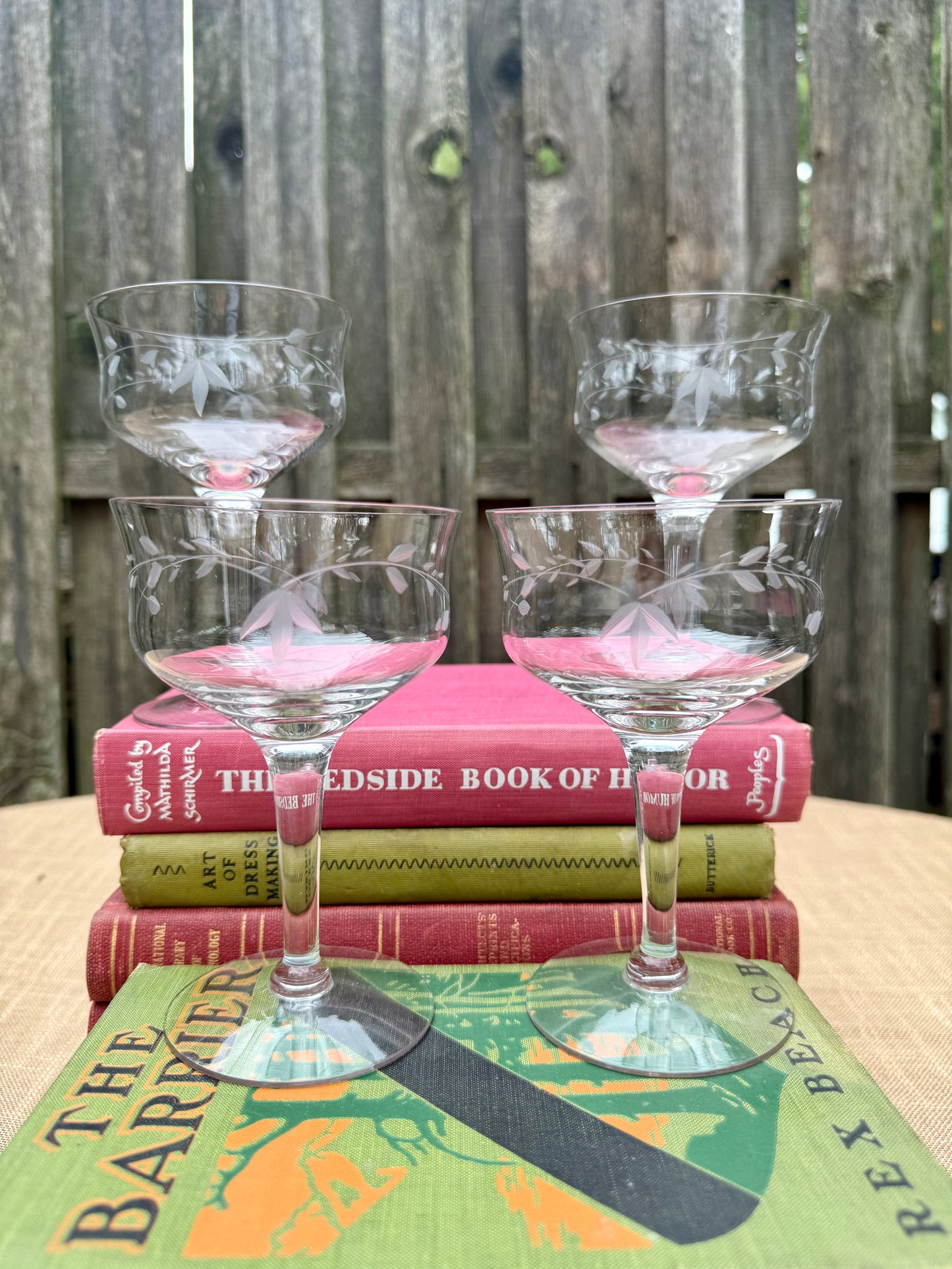 Leaf & Vine Etched Glass Cocktail Coupes, Set of 4 (1970's-1980's)