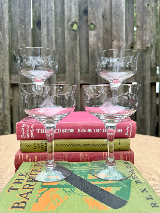 Leaf & Vine Etched Glass Cocktail Coupes, Set of 4 (1970's-1980's)