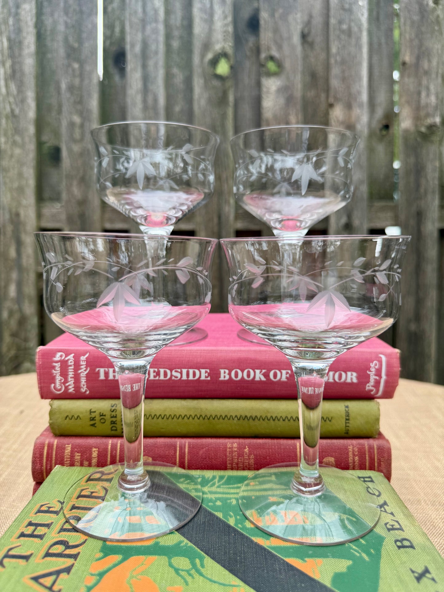 Leaf & Vine Etched Glass Cocktail Coupes, Set of 4 (1970's-1980's)