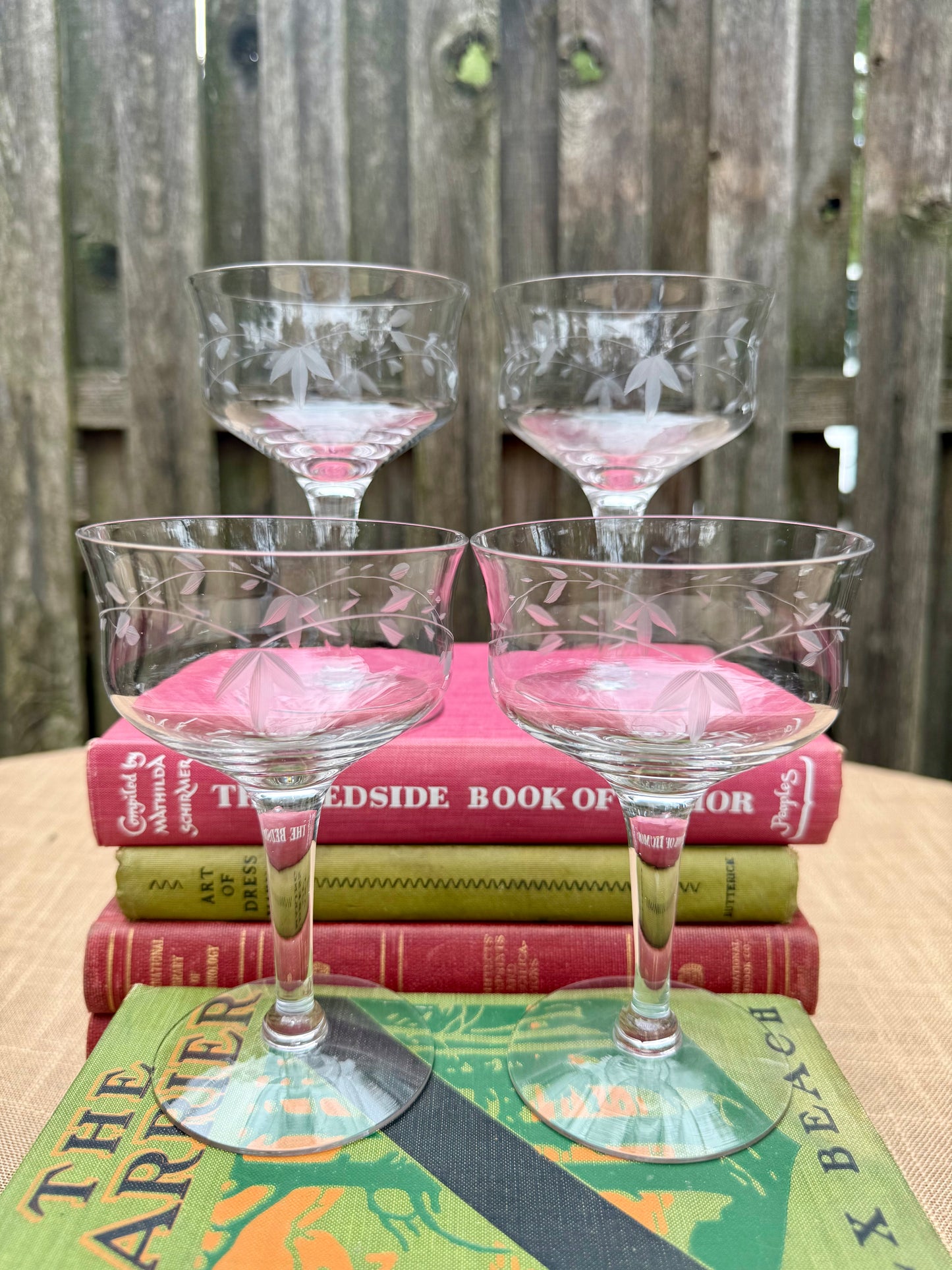 Leaf & Vine Etched Glass Cocktail Coupes, Set of 4 (1970's-1980's)