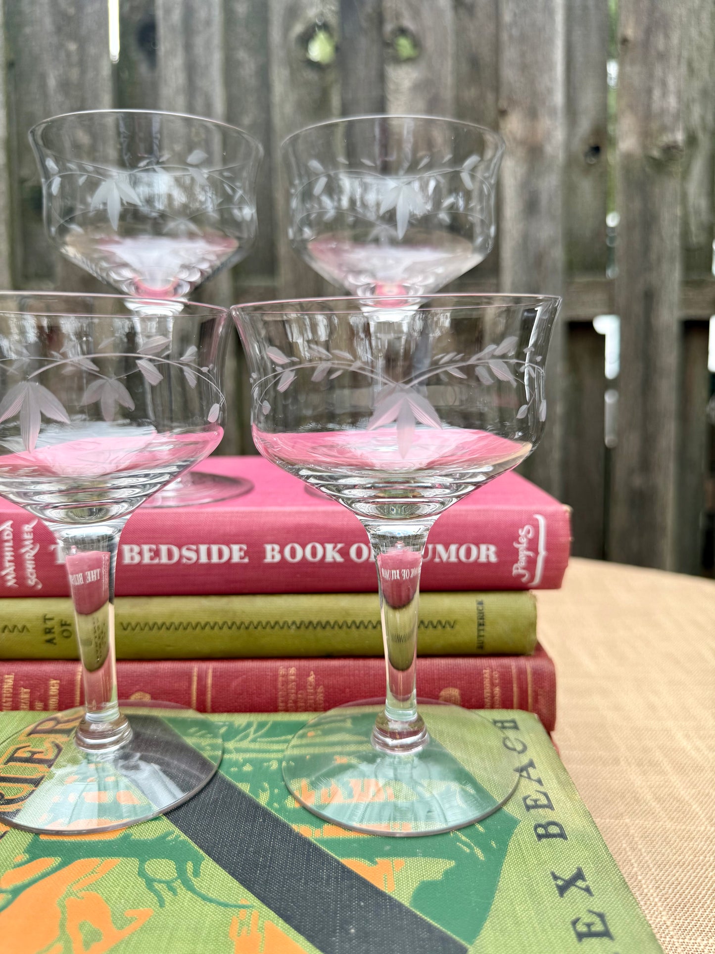 Leaf & Vine Etched Glass Cocktail Coupes, Set of 4 (1970's-1980's)