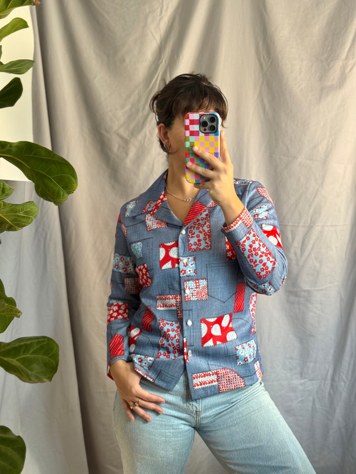 Diane Young Patchwork-Print Button-Down Shirt (1970's)