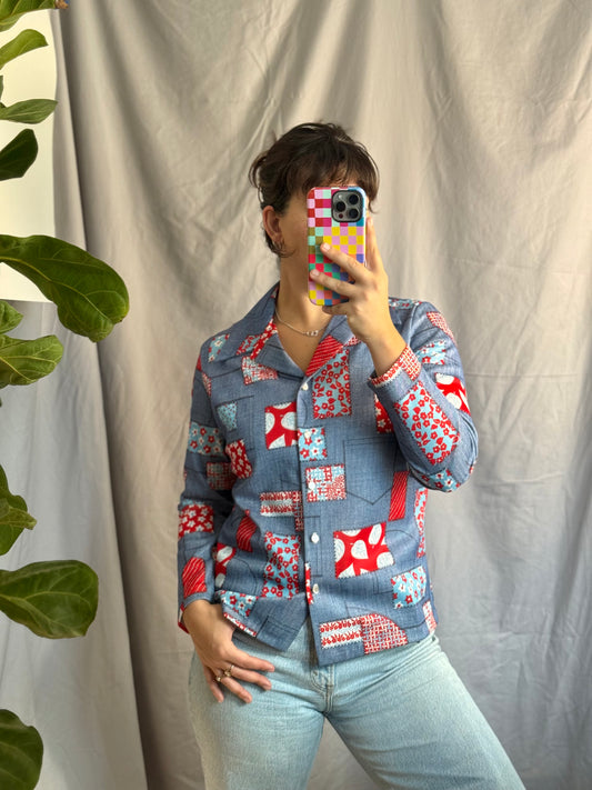 Diane Young Patchwork-Print Button-Down Shirt (1970's)