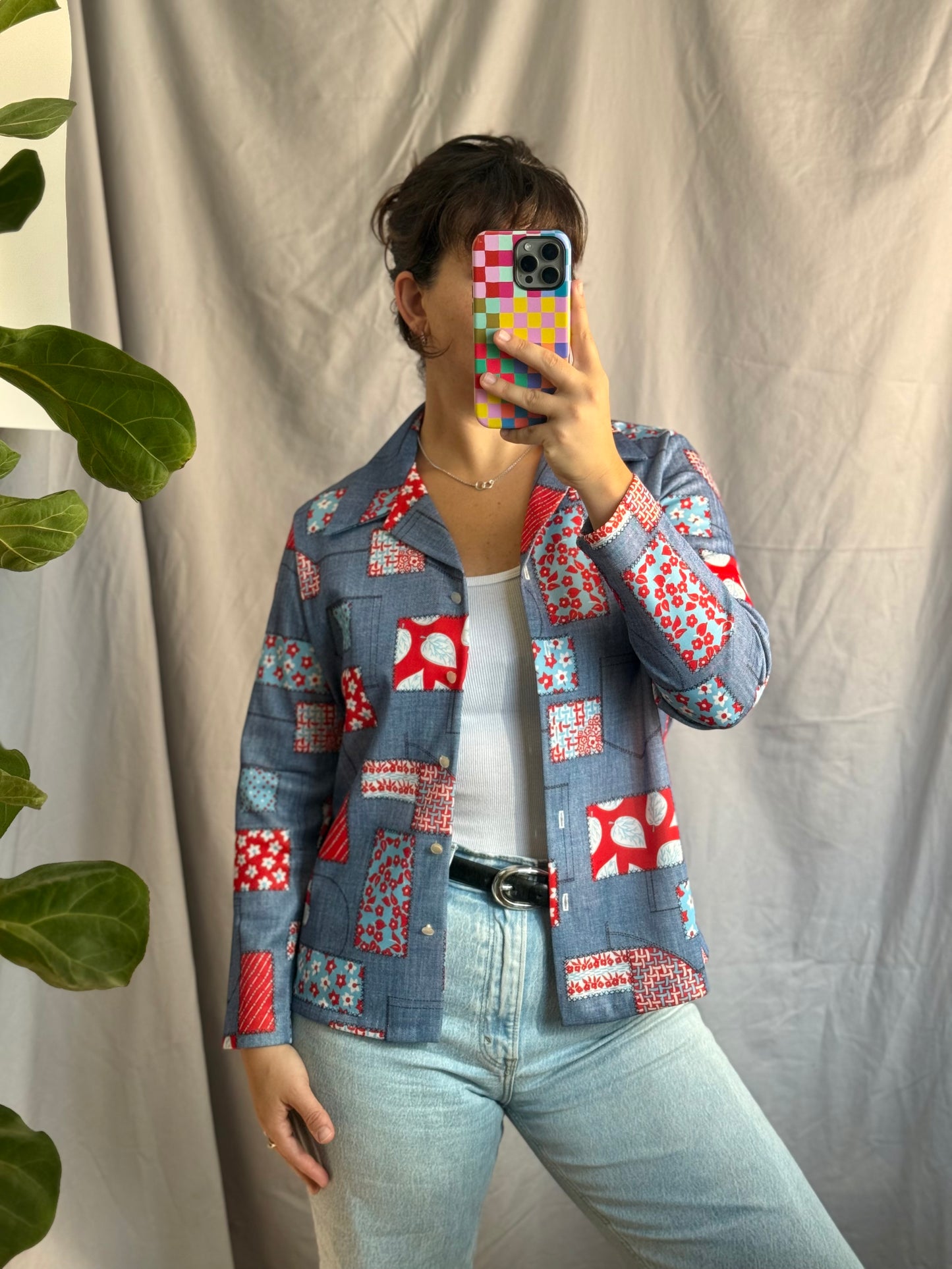 Diane Young Patchwork-Print Button-Down Shirt (1970's)