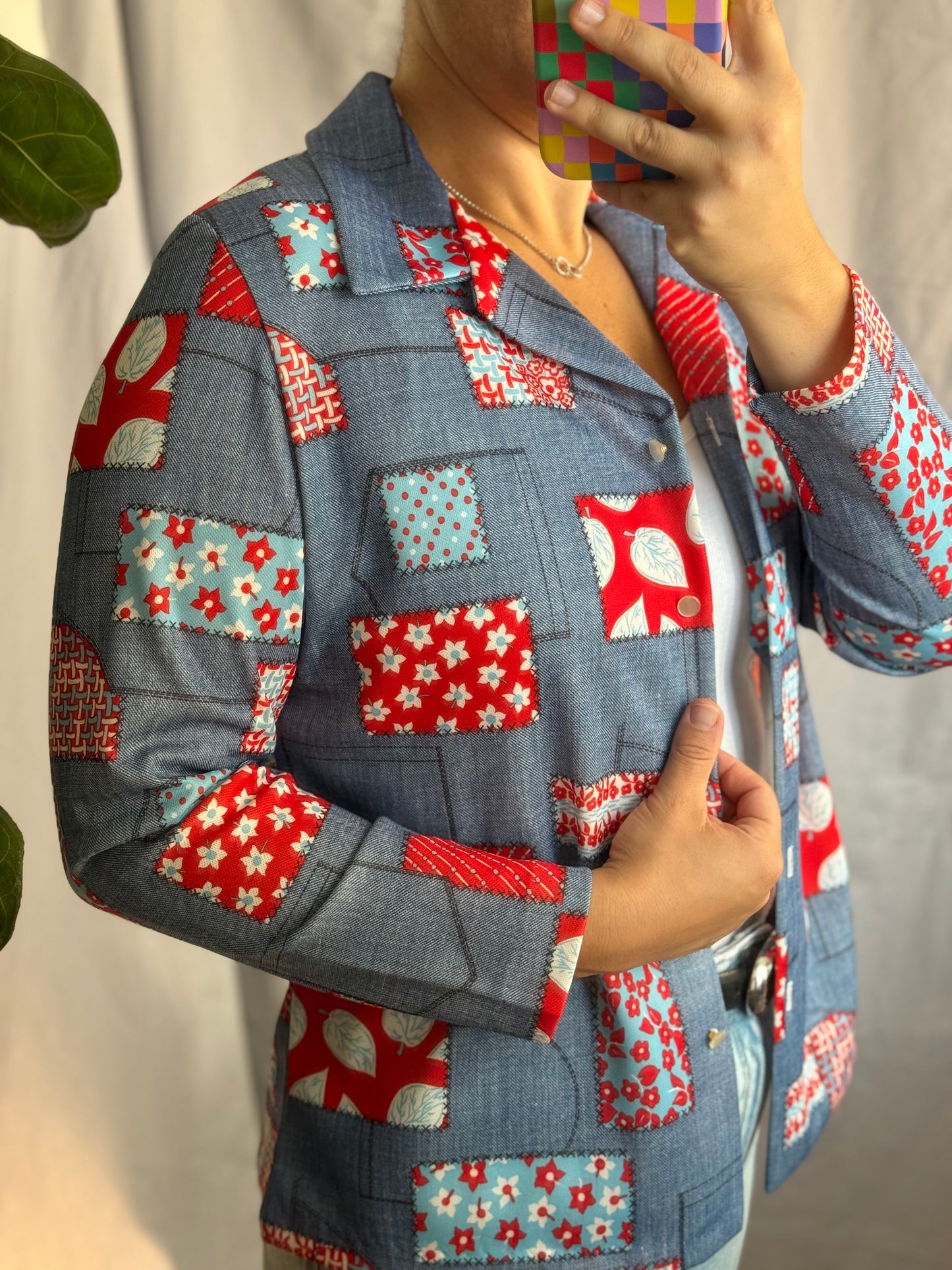 Diane Young Patchwork-Print Button-Down Shirt (1970's)