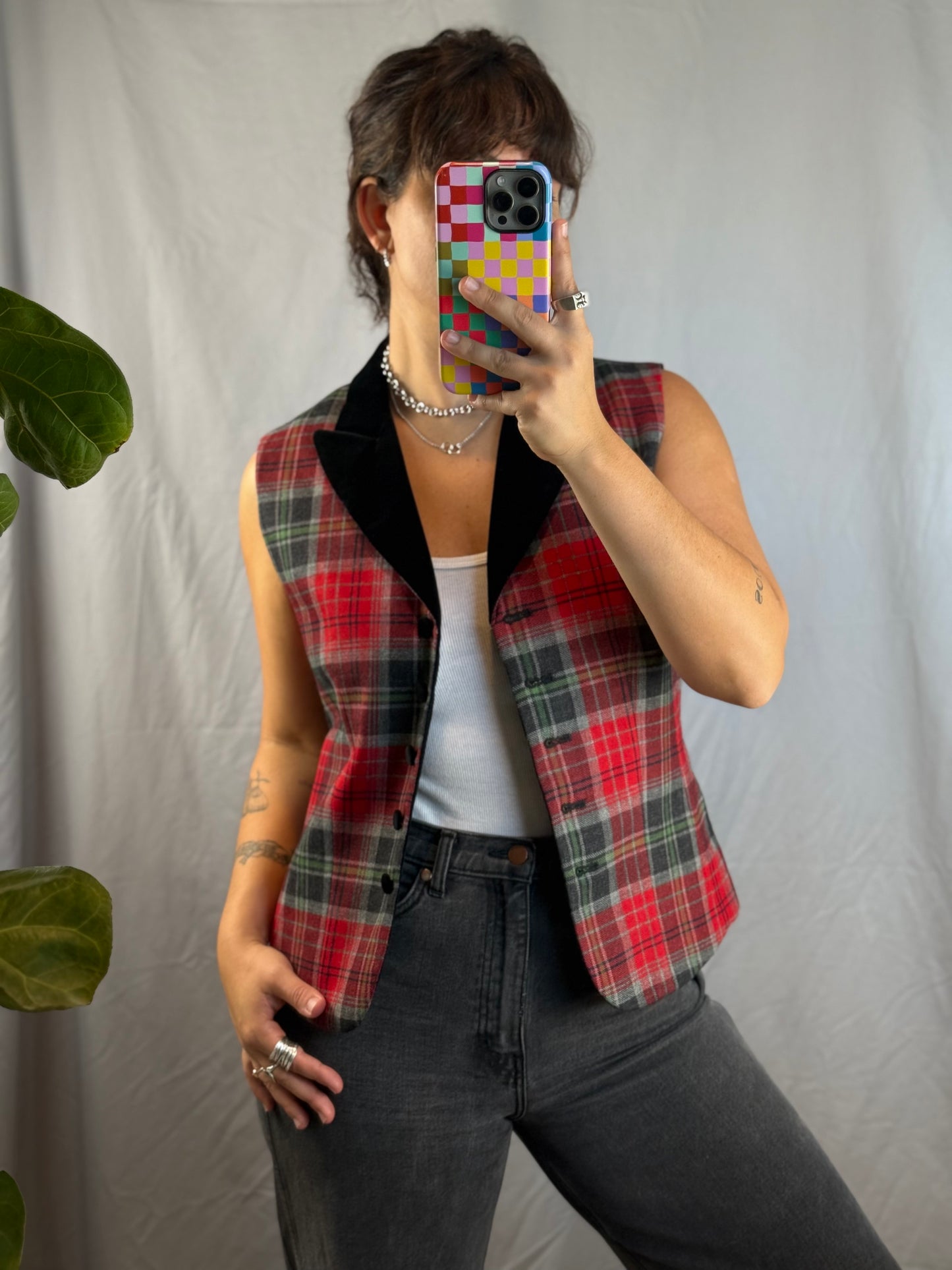 Rafaella 100% Wool Plaid Vest with Velvet Collar (1990's)