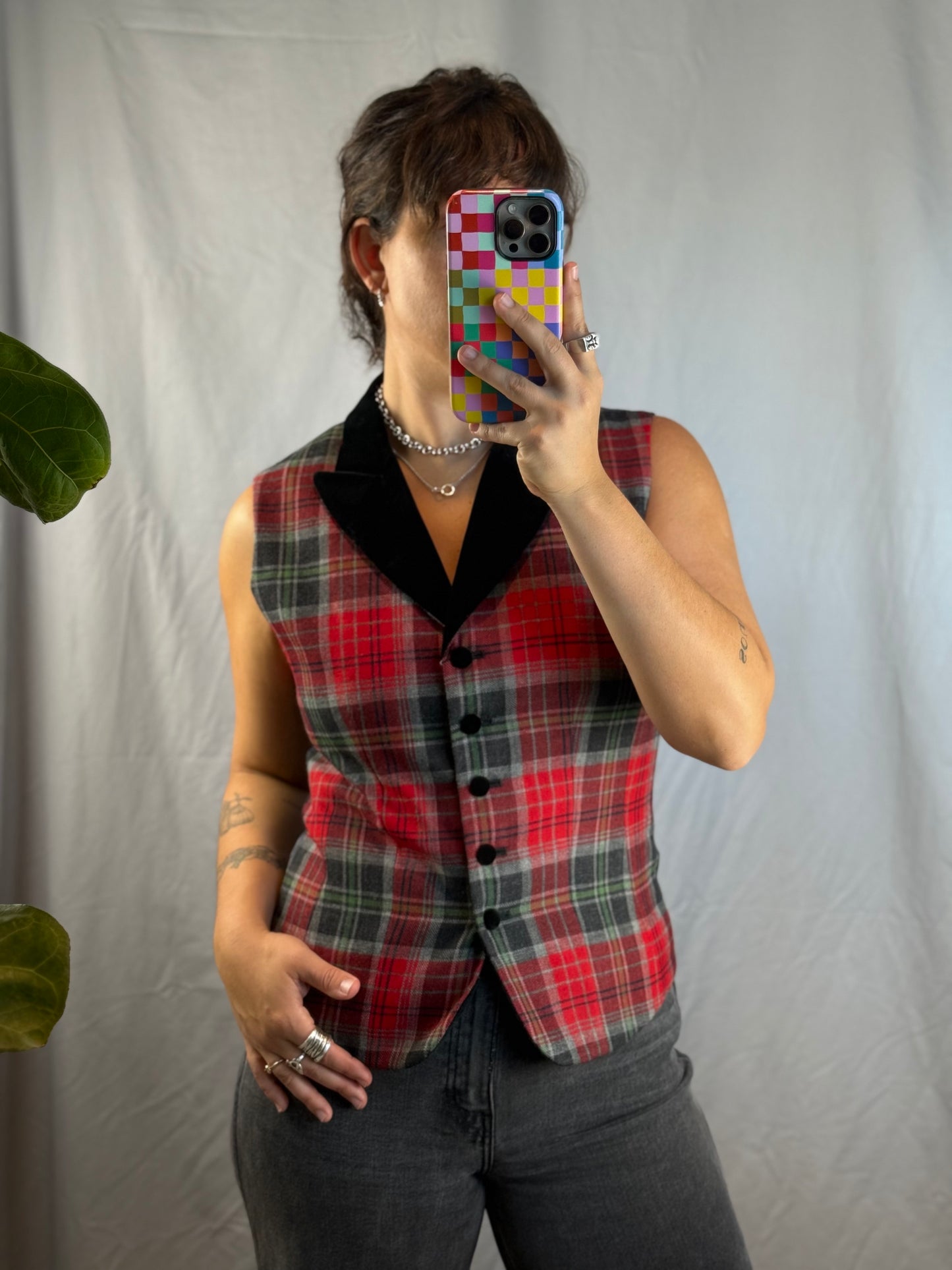 Rafaella 100% Wool Plaid Vest with Velvet Collar (1990's)