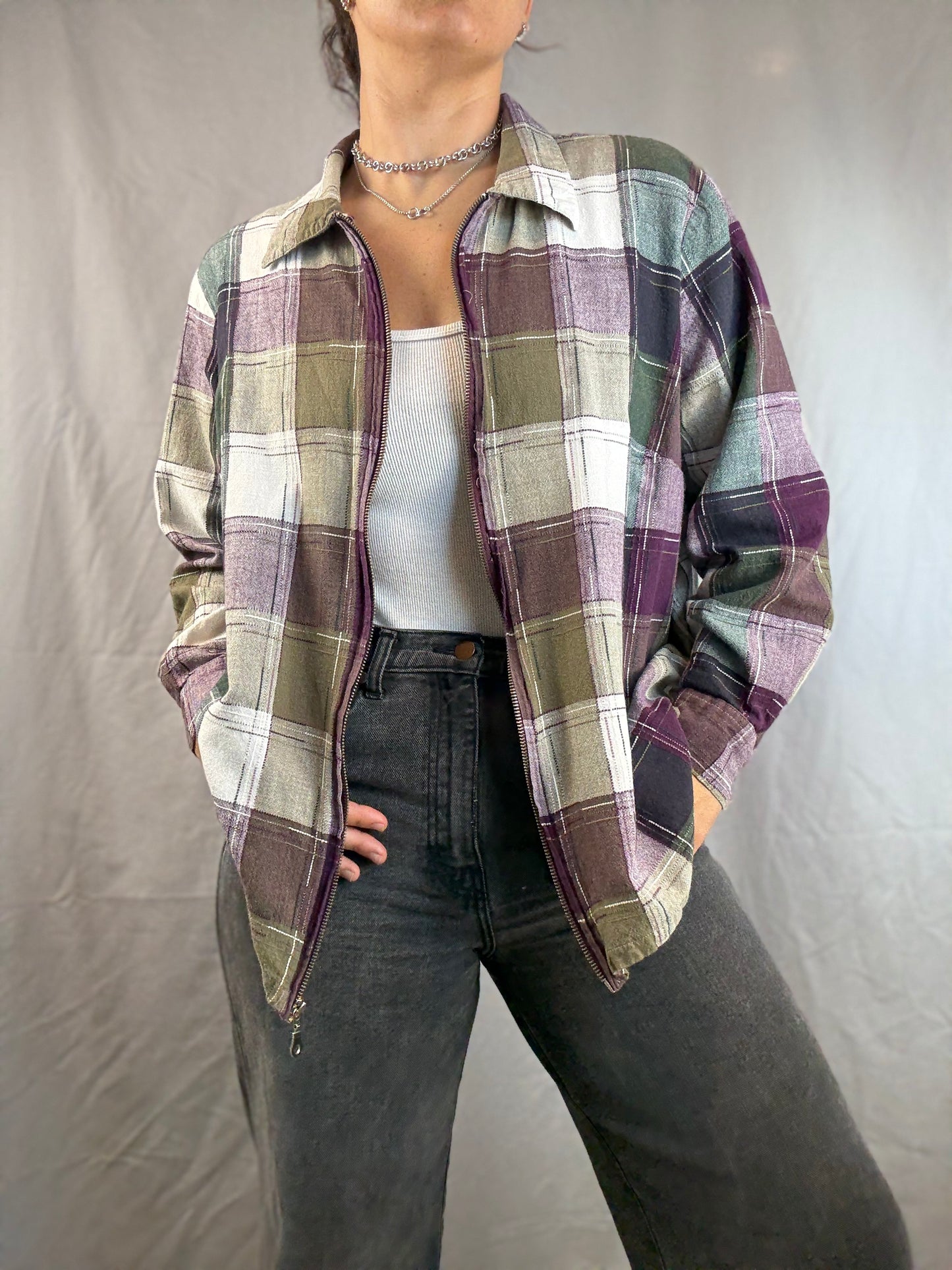 Essentials by Maggie Plaid Zip-Up Shirt Jacket (1990's-Y2K)