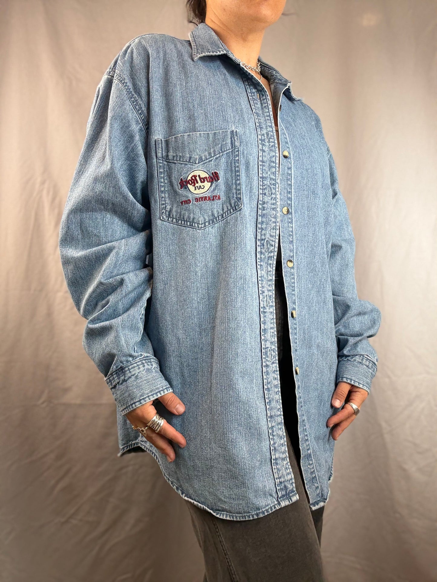 Hard Rock Cafe Atlantic City Embroidered Denim Button-Up Shirt (1990's)