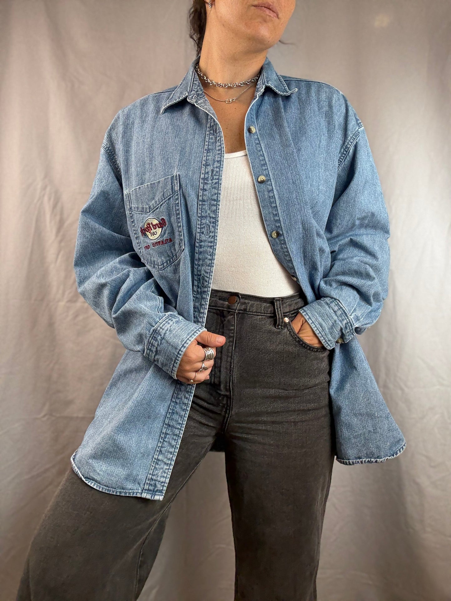 Hard Rock Cafe Atlantic City Embroidered Denim Button-Up Shirt (1990's)