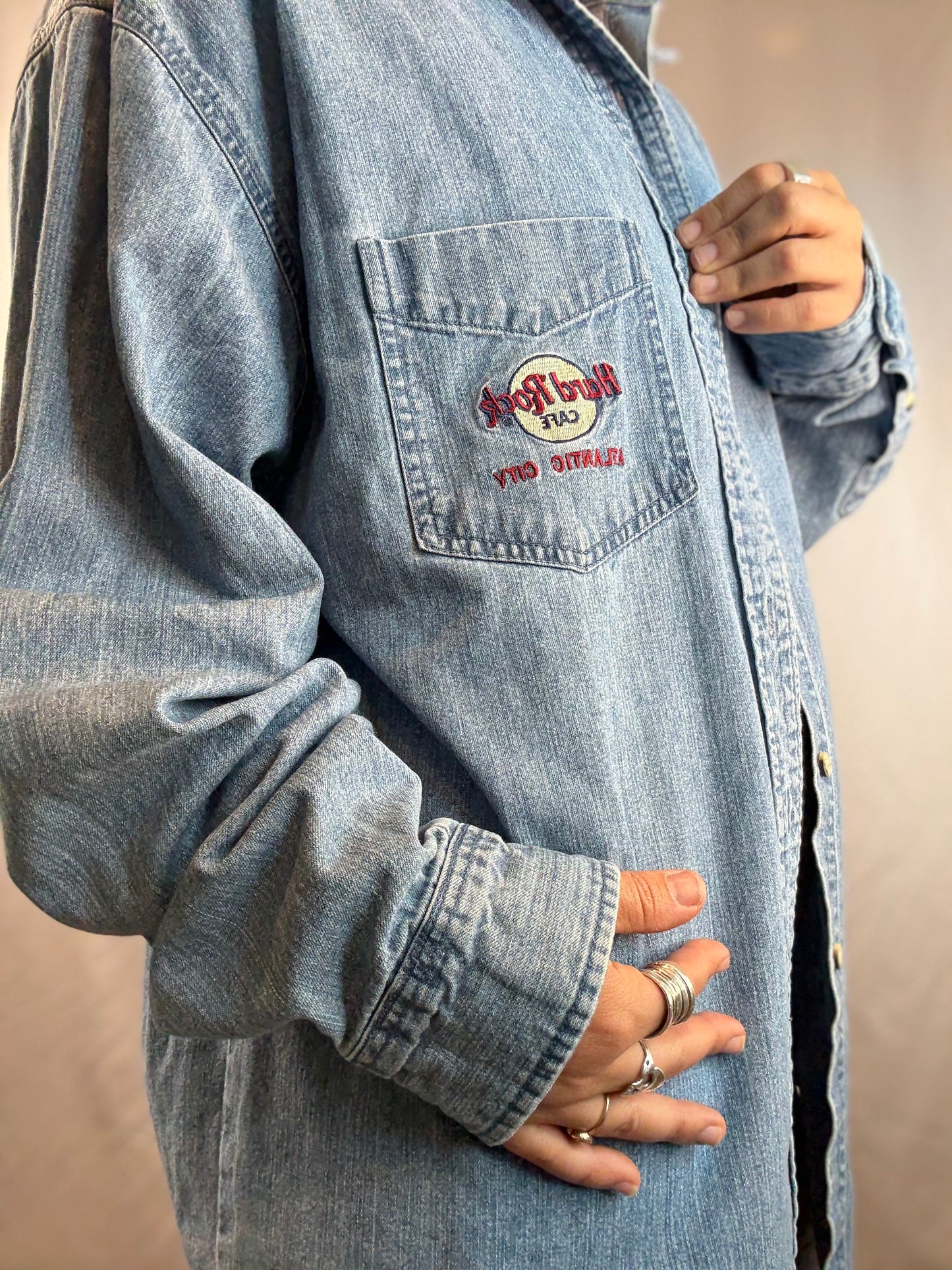 Hard Rock Cafe Atlantic City Embroidered Denim Button-Up Shirt (1990's)