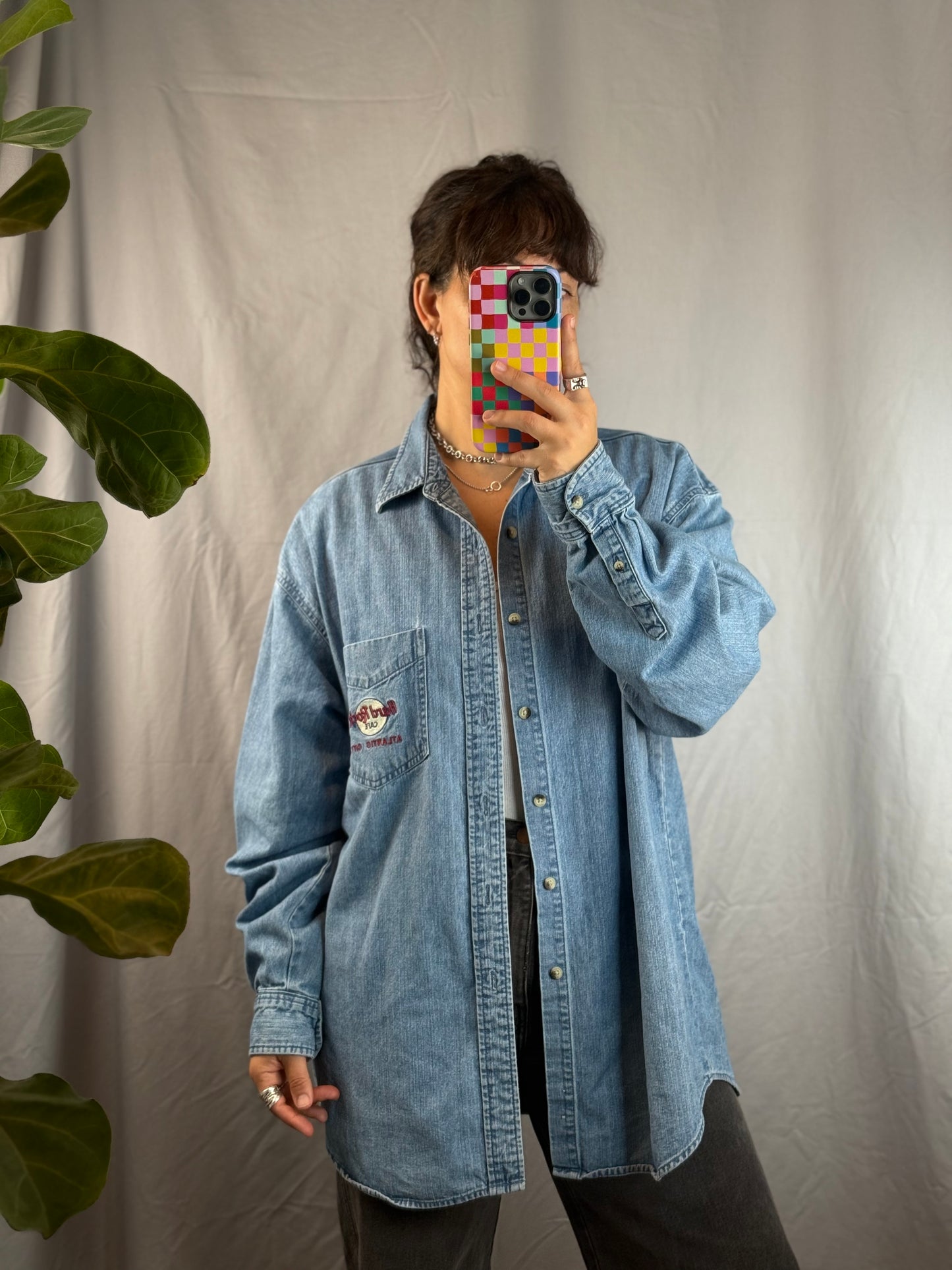 Hard Rock Cafe Atlantic City Embroidered Denim Button-Up Shirt (1990's)