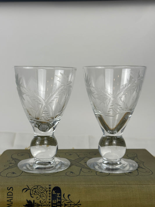Etched Palm Tree Cordial Glasses, Set of 2 (1950's-1960's)