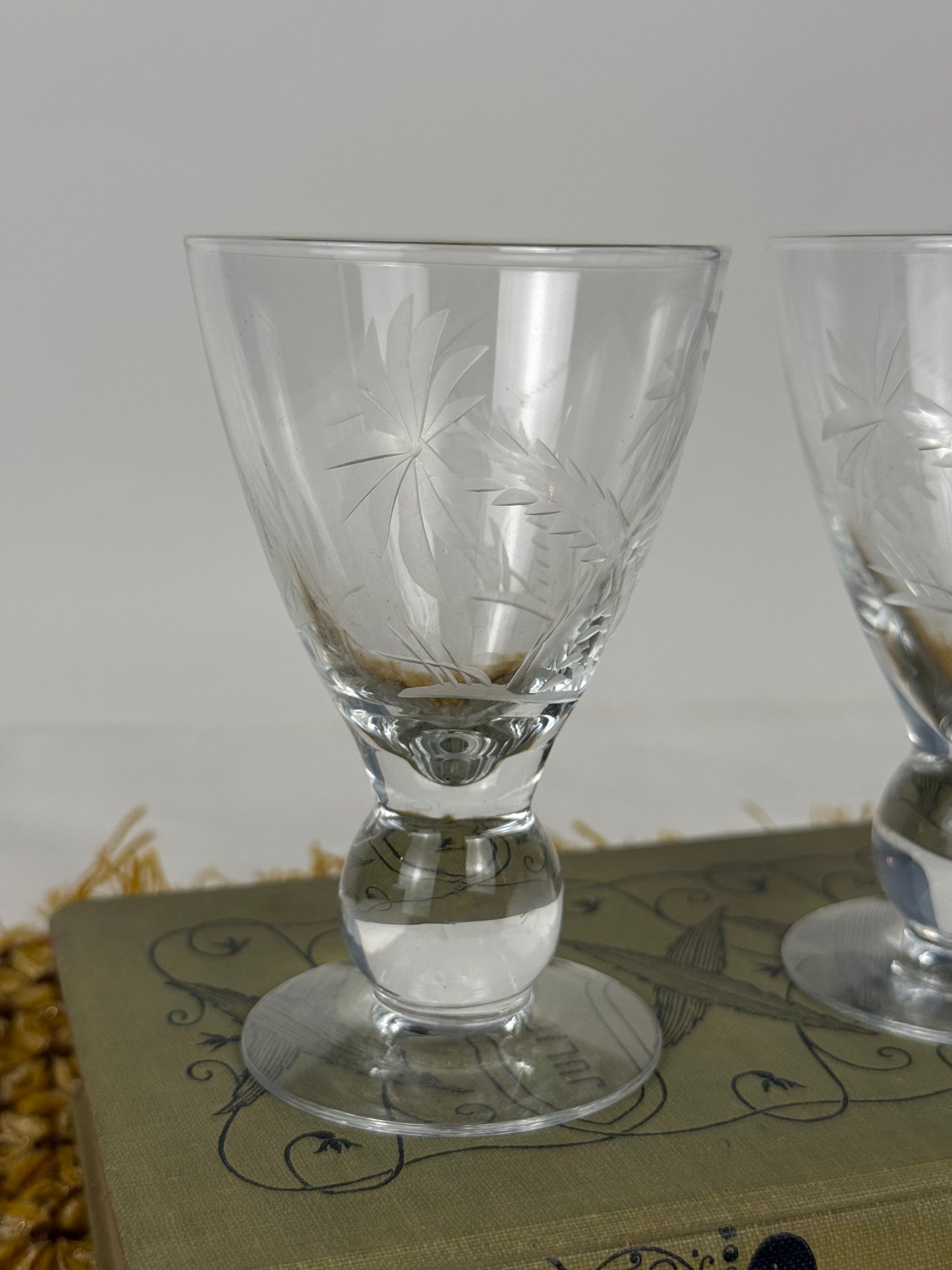 Etched Palm Tree Cordial Glasses, Set of 2 (1950's-1960's)