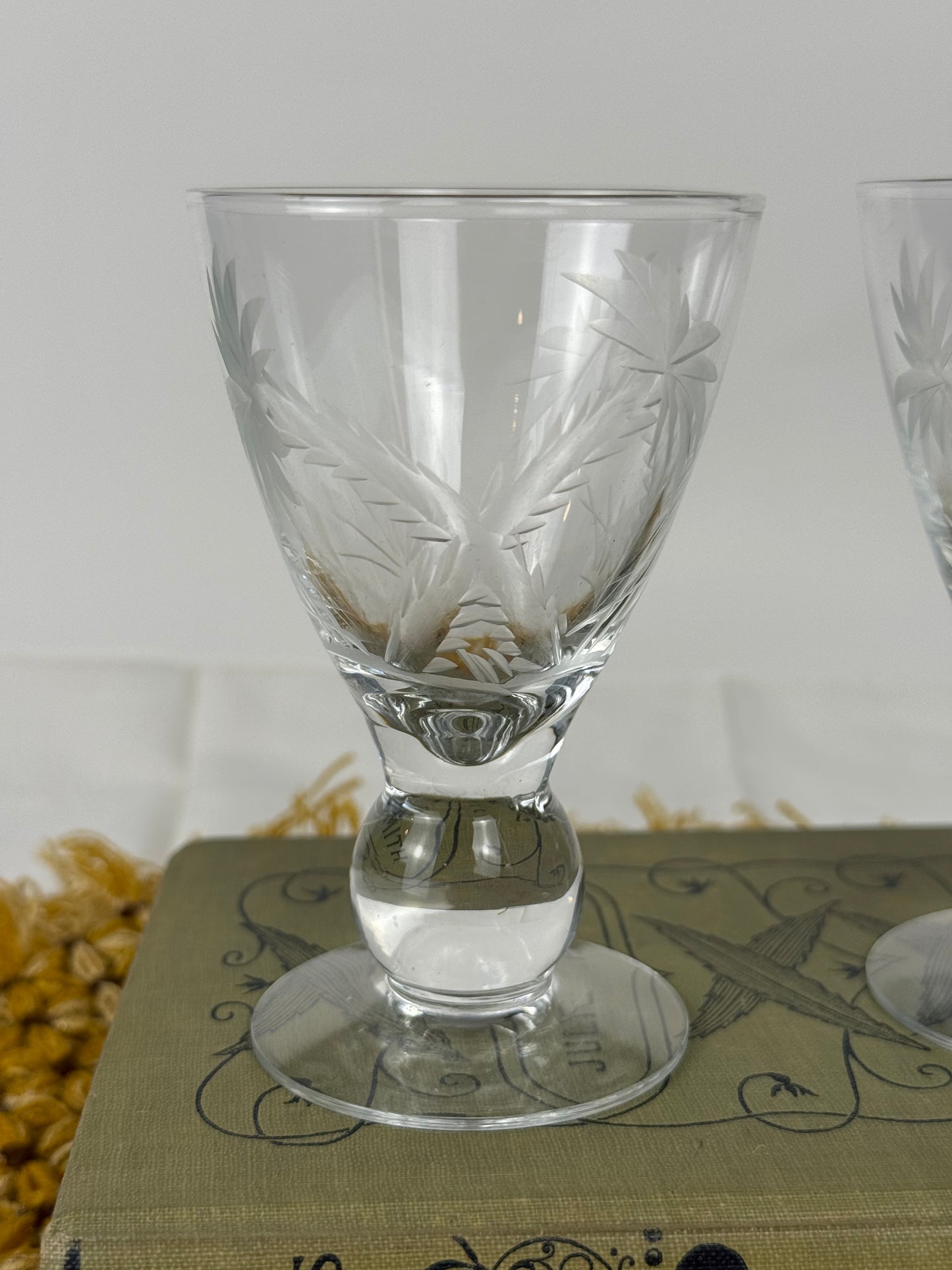 Etched Palm Tree Cordial Glasses, Set of 2 (1950's-1960's)