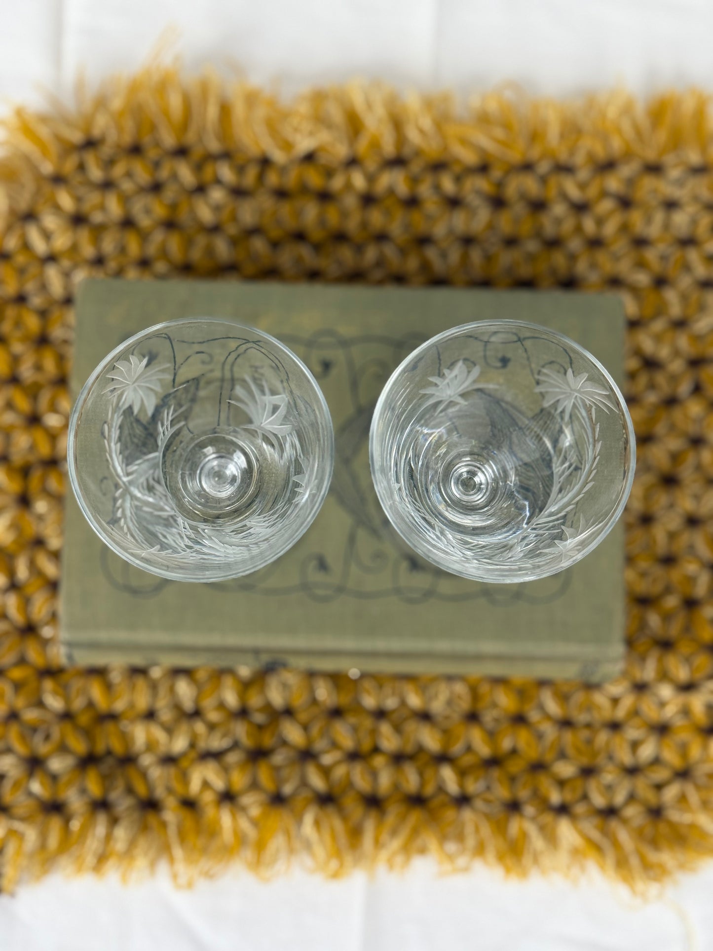 Etched Palm Tree Cordial Glasses, Set of 2 (1950's-1960's)