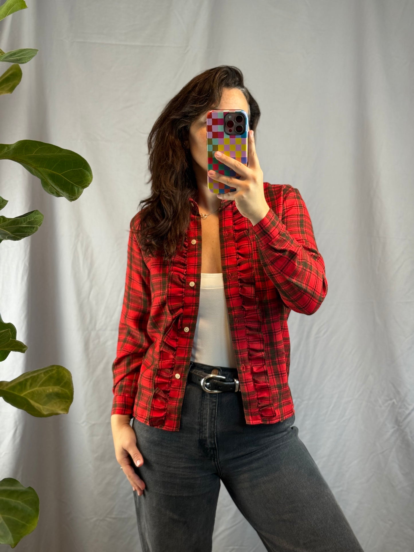 Transition Holiday Plaid Ruffle Blouse (1980's)