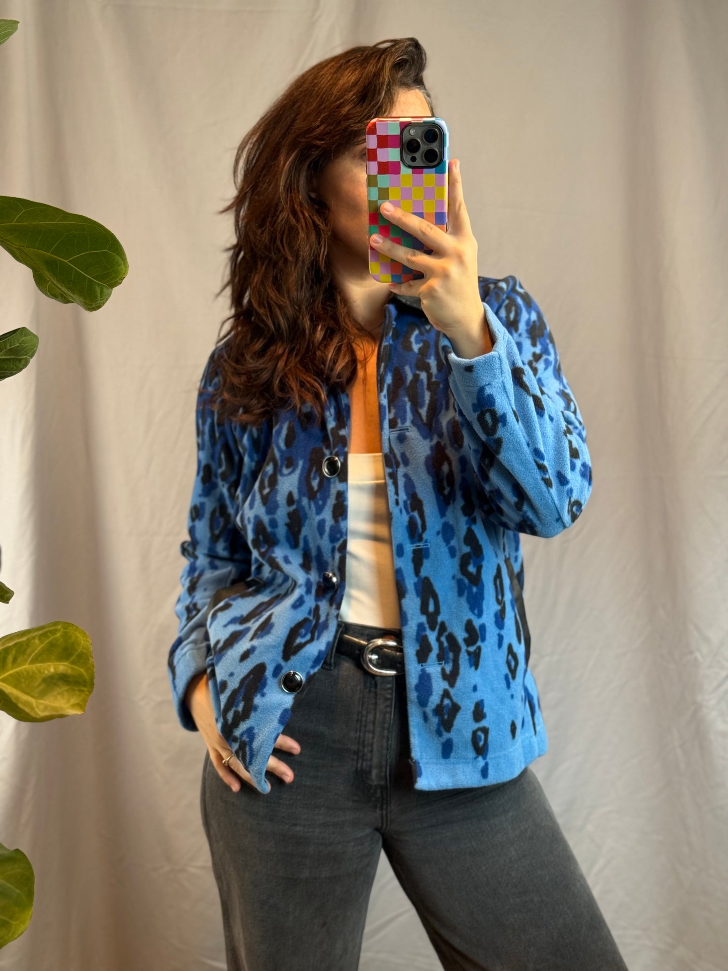 Bob Mackie Blue Leopard Print Fleece Jacket (90's-Y2K)