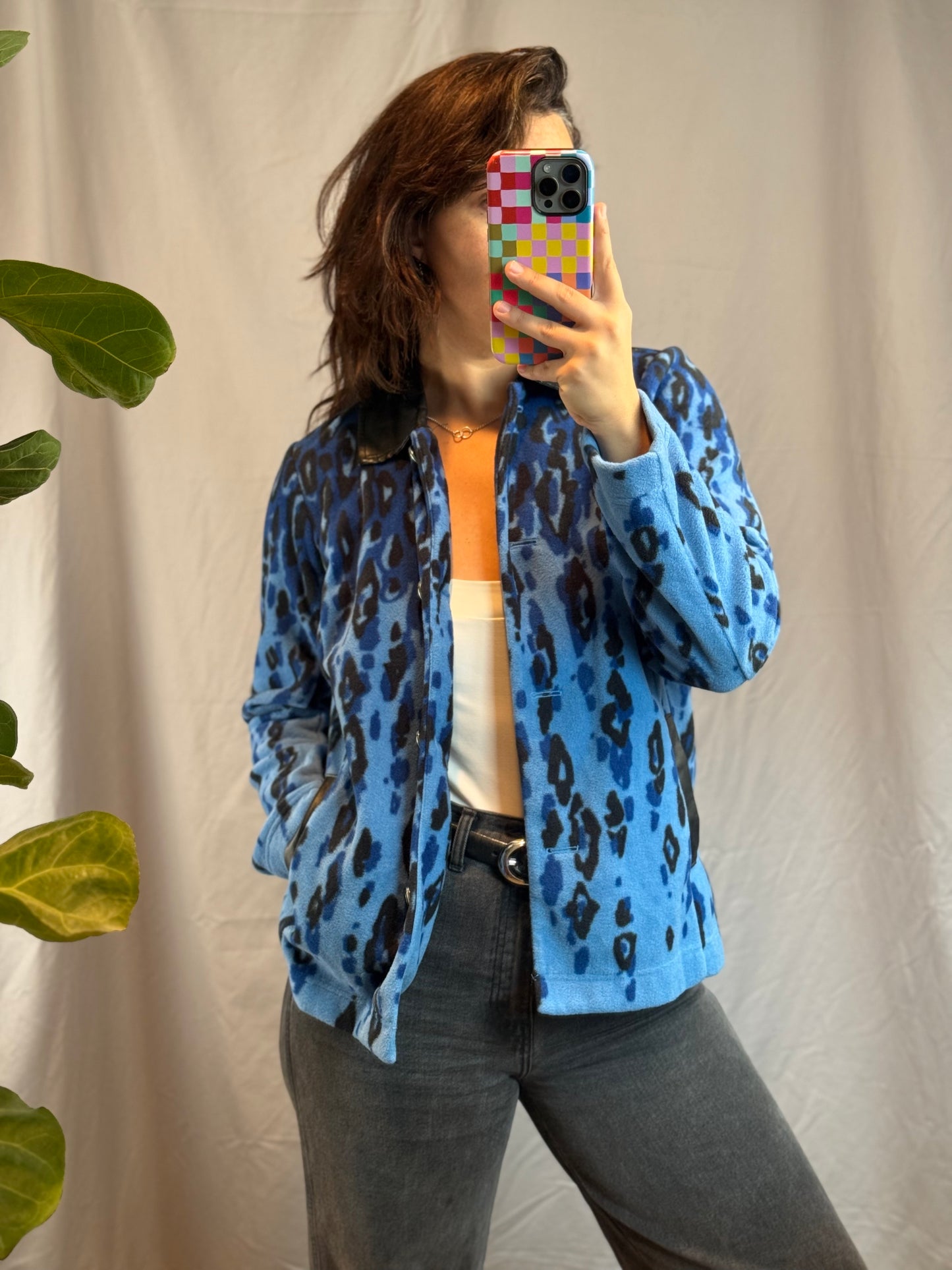 Bob Mackie Blue Leopard Print Fleece Jacket (90's-Y2K)