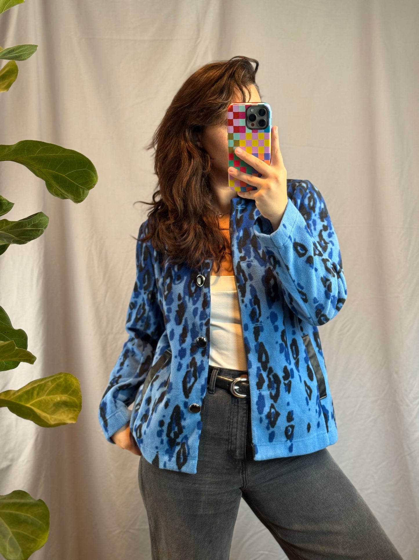 Bob Mackie Blue Leopard Print Fleece Jacket (90's-Y2K)