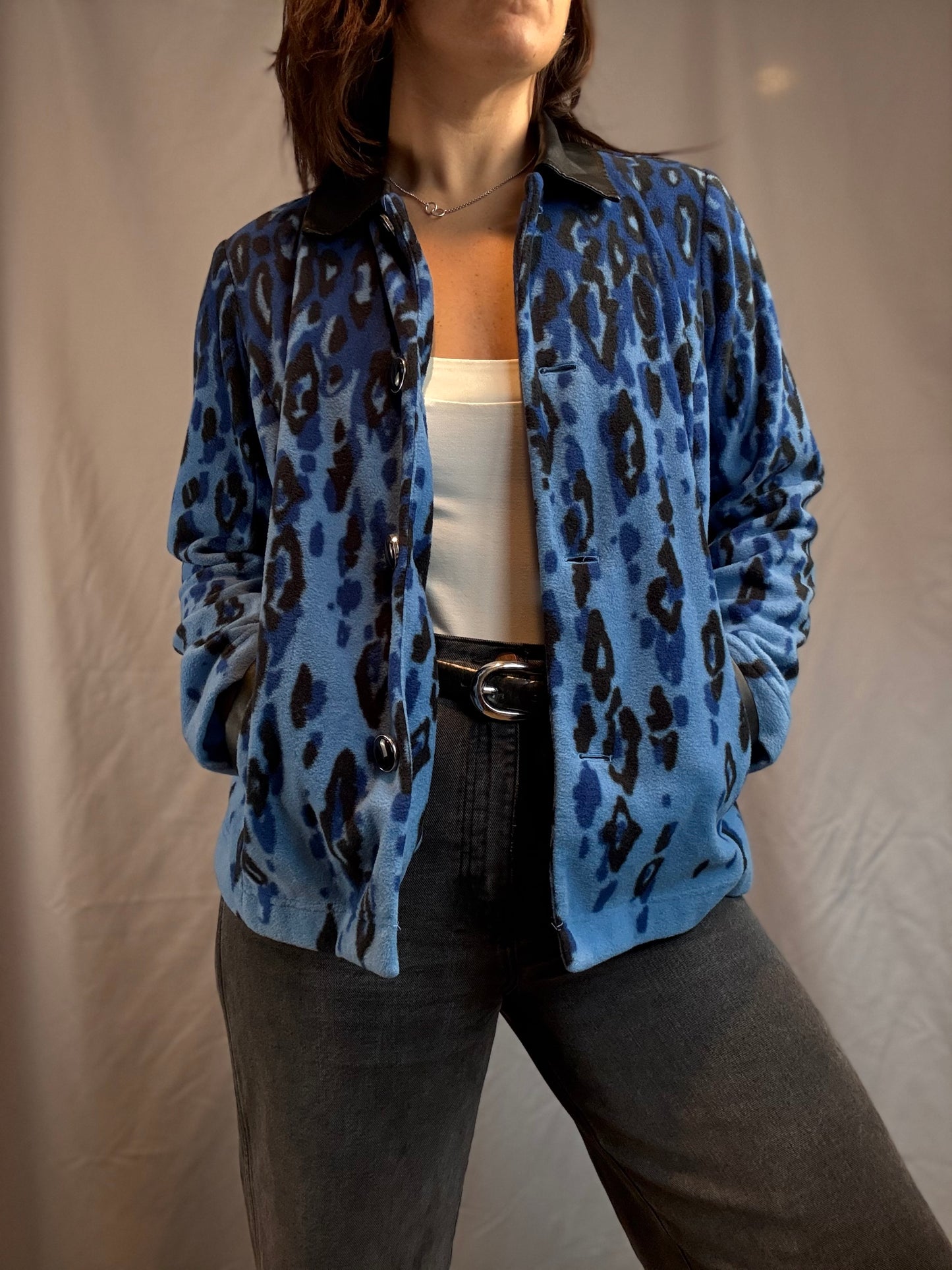 Bob Mackie Blue Leopard Print Fleece Jacket (90's-Y2K)