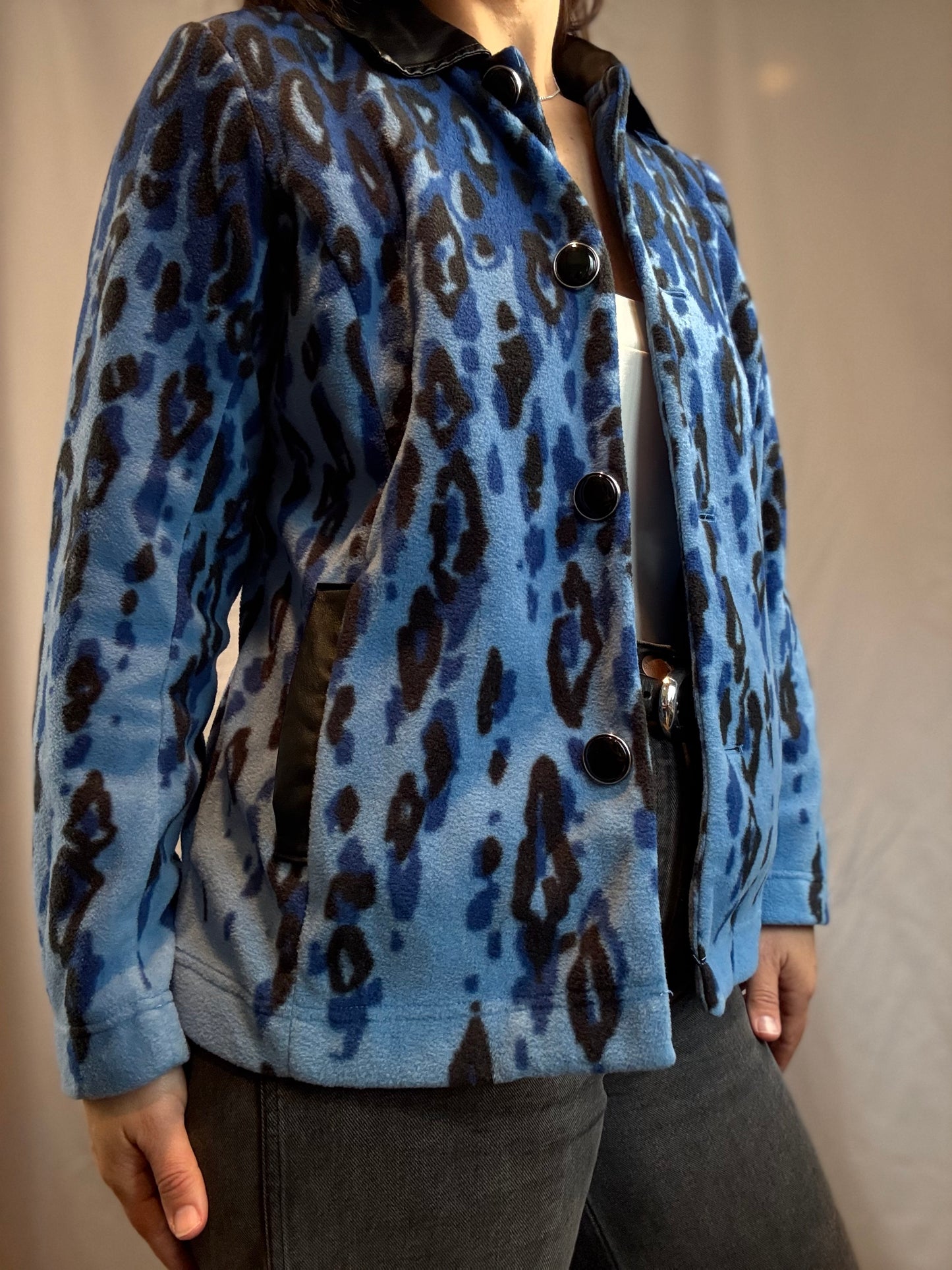 Bob Mackie Blue Leopard Print Fleece Jacket (90's-Y2K)