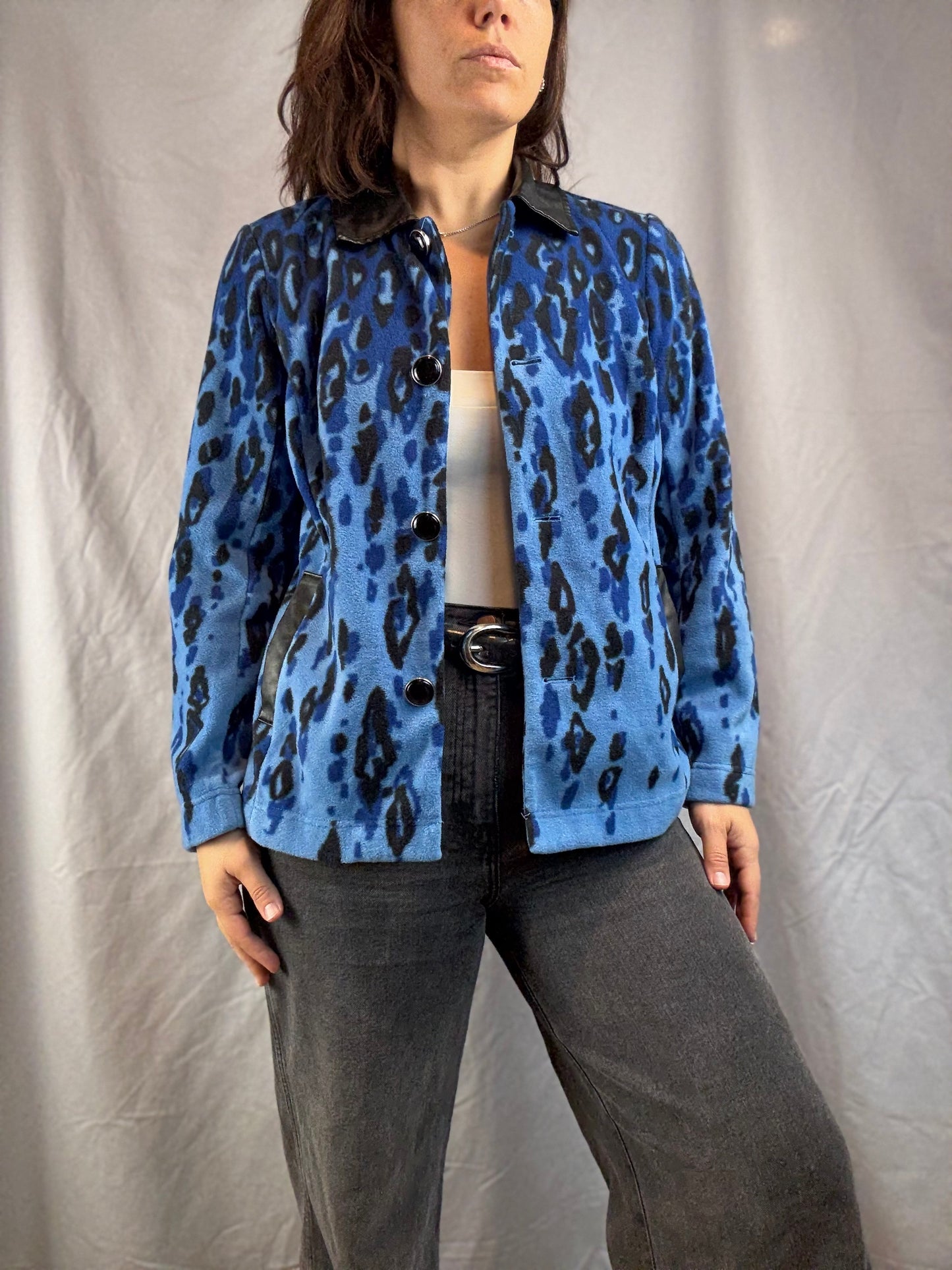 Bob Mackie Blue Leopard Print Fleece Jacket (90's-Y2K)