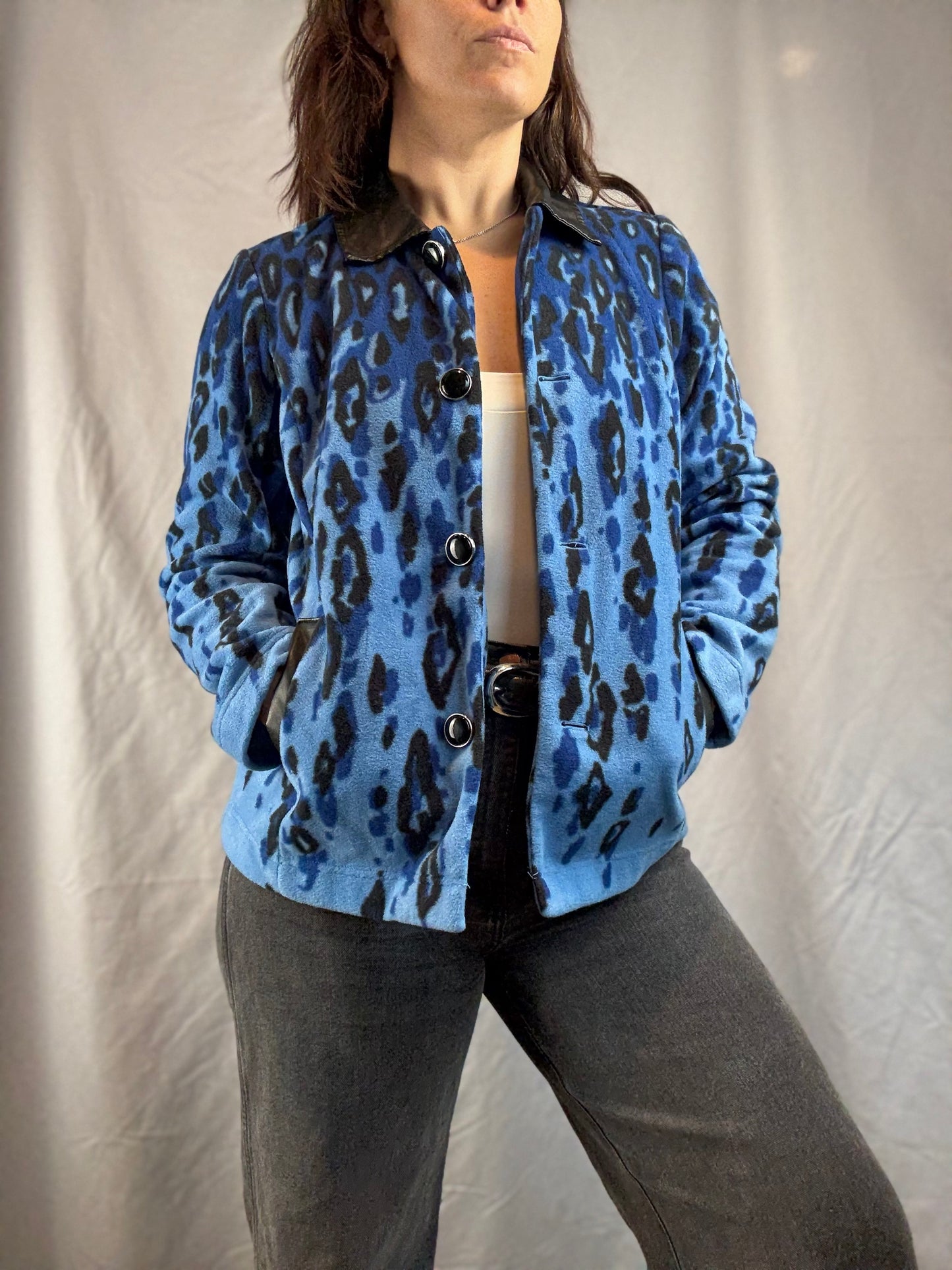 Bob Mackie Blue Leopard Print Fleece Jacket (90's-Y2K)