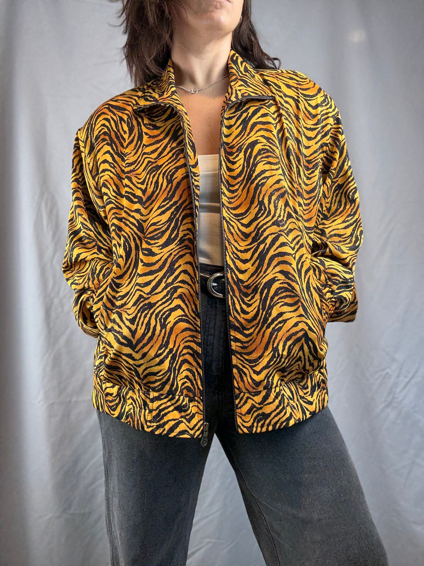 Jackets by Design Sparkly Tiger Print Bomber (80's-90's)