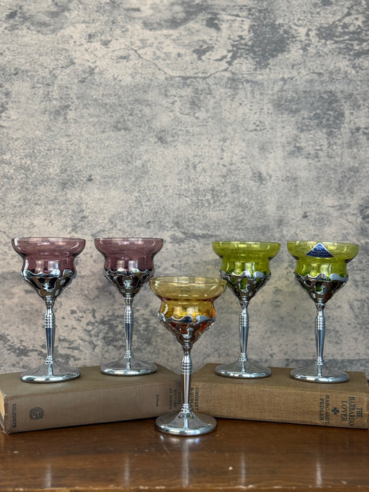 Morgantown Art Deco Chrome & Crystal Cordial Glasses, Set of 5 (1930's-1940's)