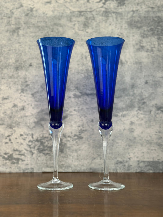 Lenox Holiday Gems Cobalt Blue Champagne Flutes, Set of 2 (1990's-Y2K)