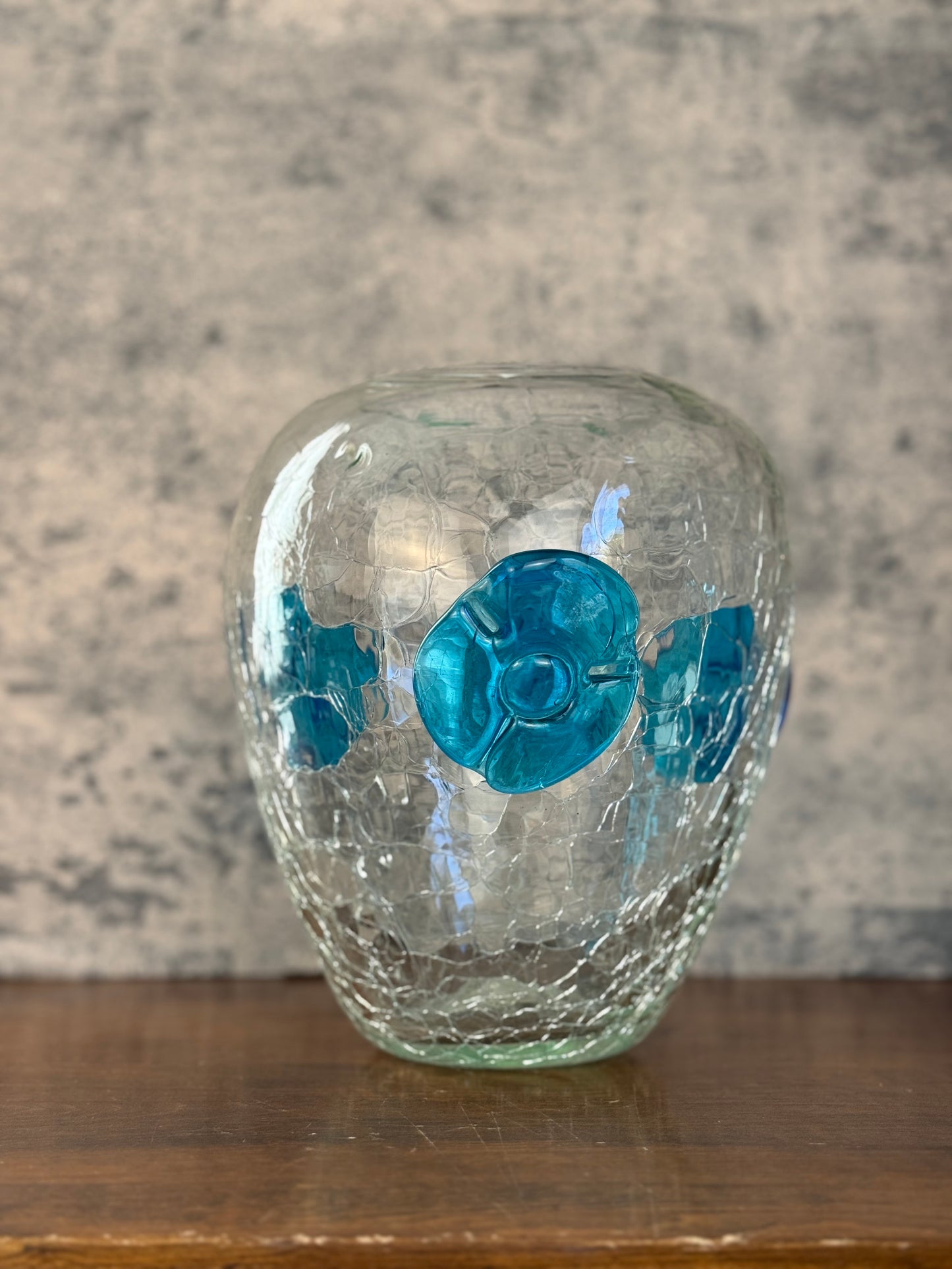 Blenko Crackle Glass Vase with Blue Flowers (1950's)