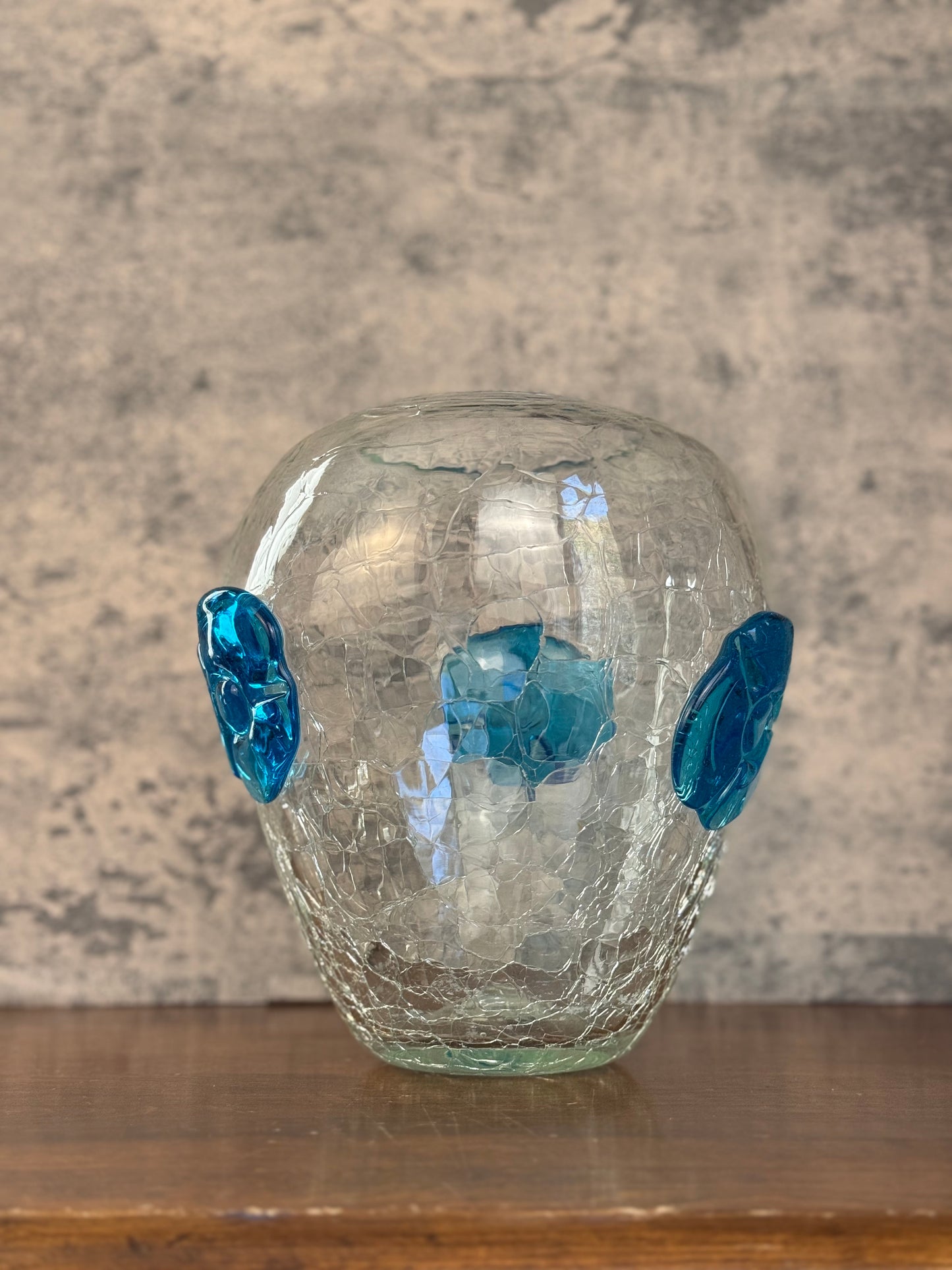 Blenko Crackle Glass Vase with Blue Flowers (1950's)
