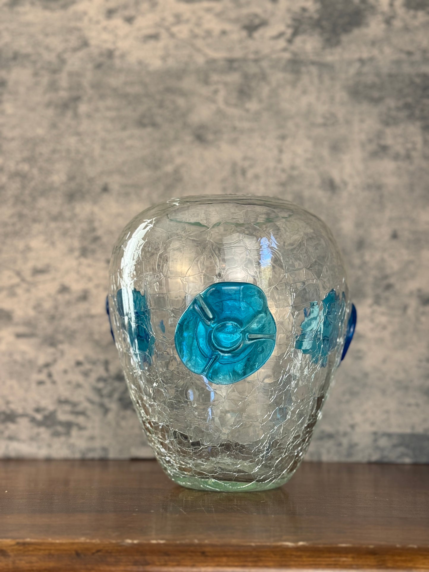 Blenko Crackle Glass Vase with Blue Flowers (1950's)