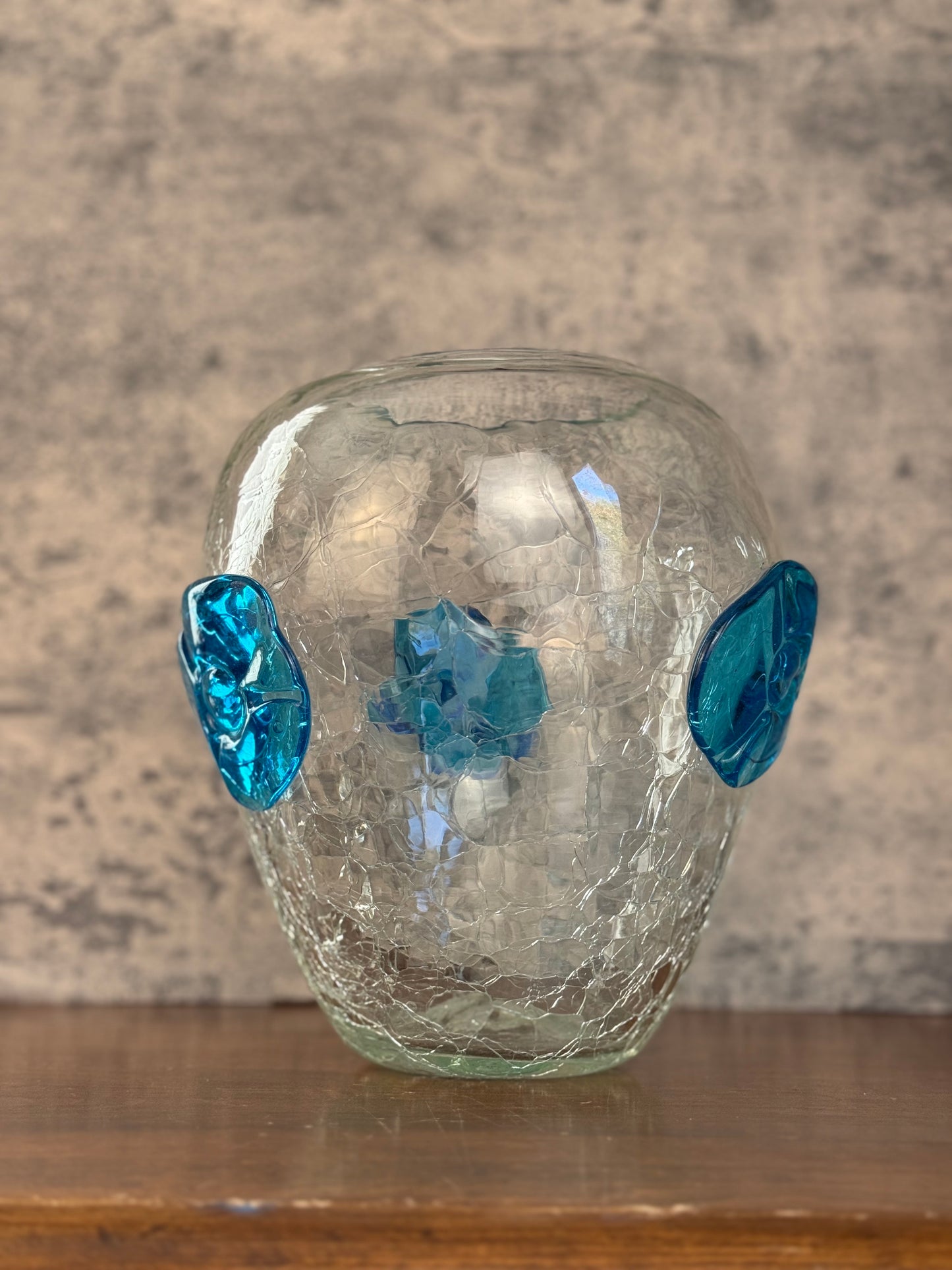 Blenko Crackle Glass Vase with Blue Flowers (1950's)