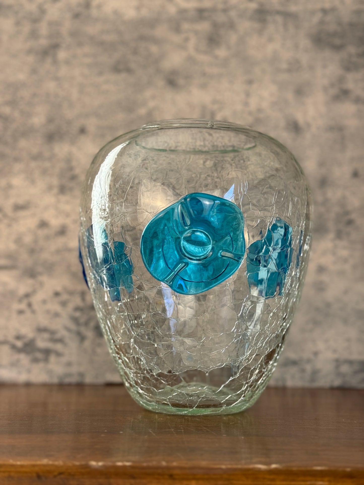 Blenko Crackle Glass Vase with Blue Flowers (1950's)