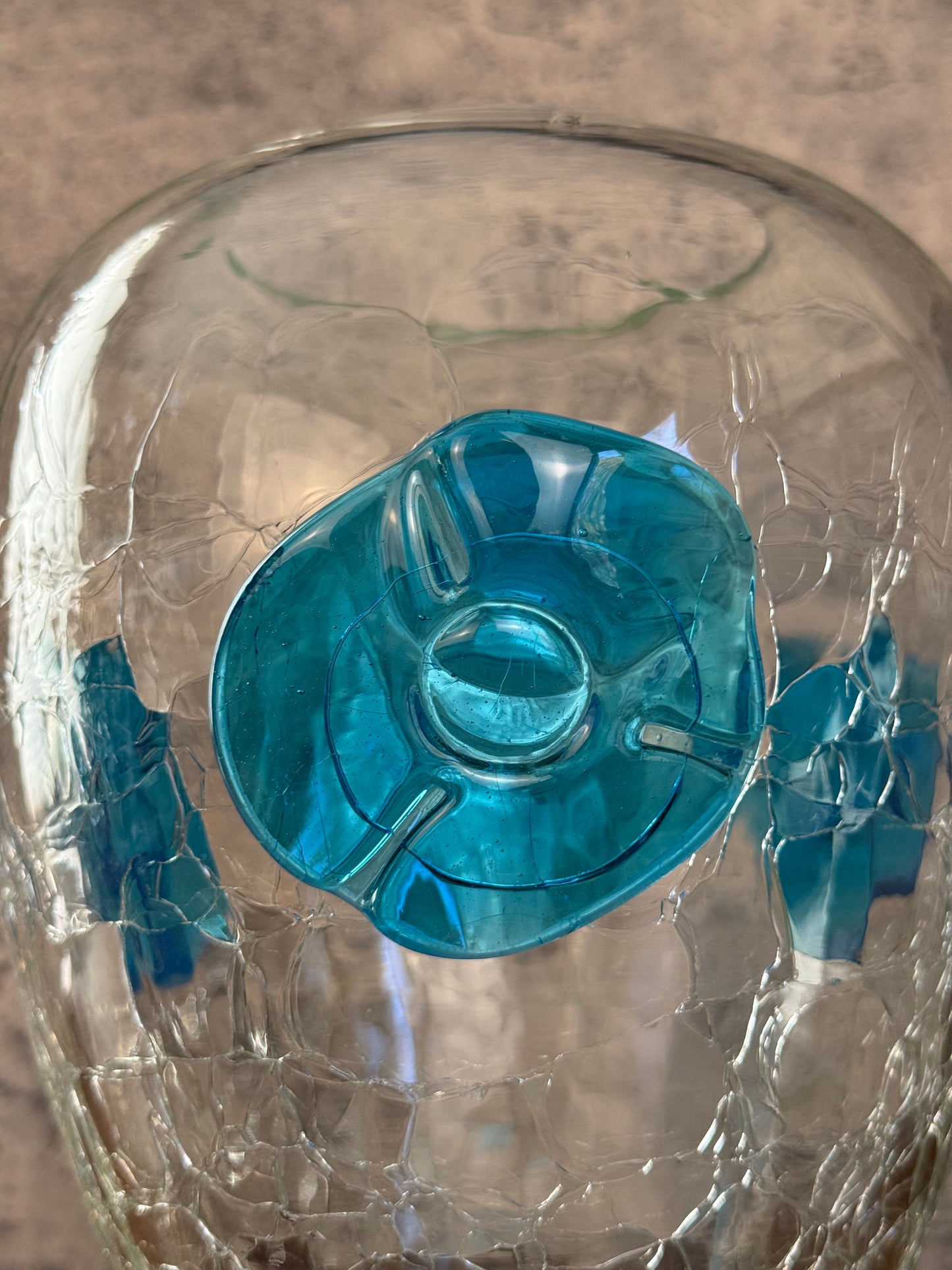 Blenko Crackle Glass Vase with Blue Flowers (1950's)