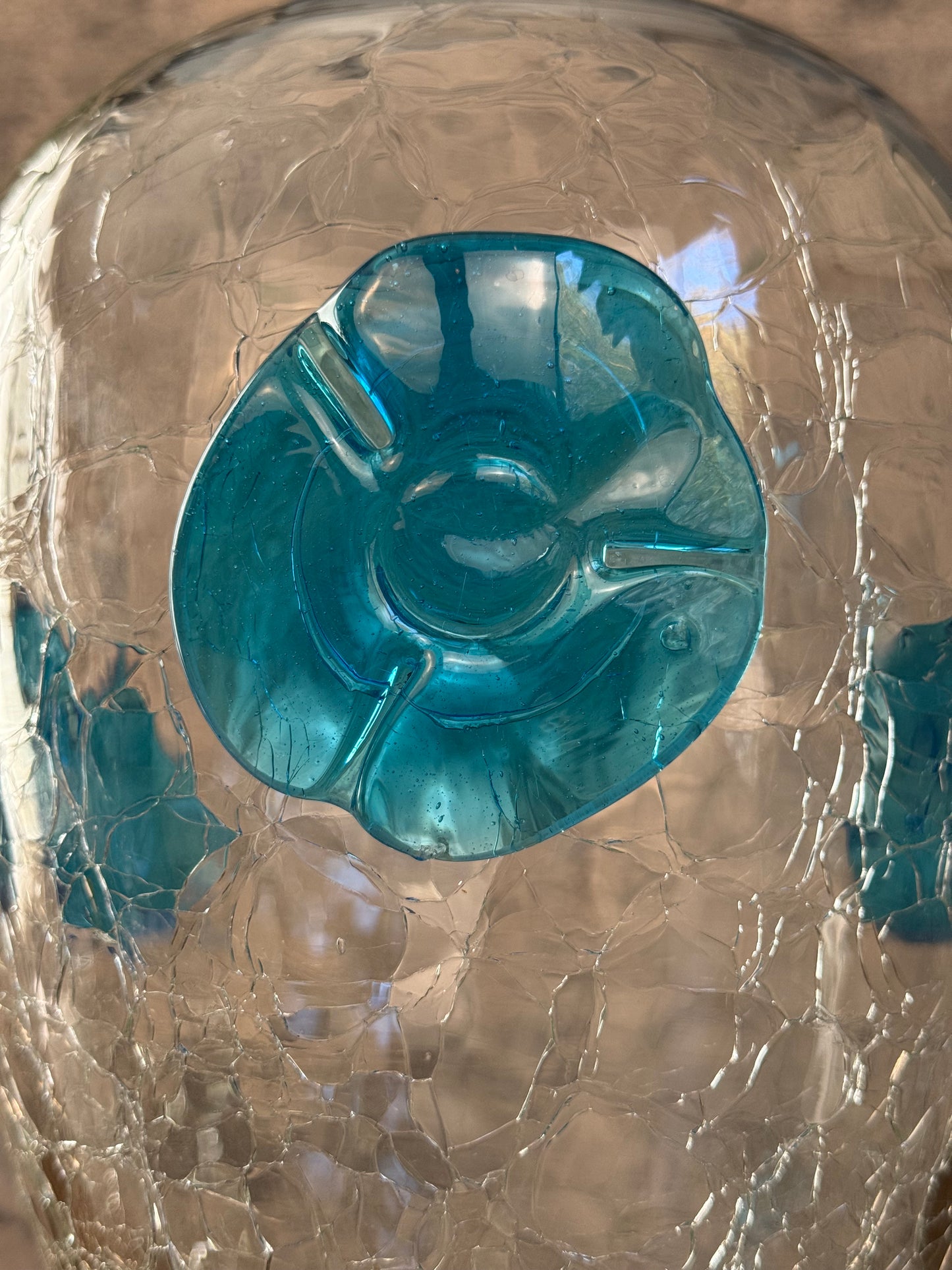 Blenko Crackle Glass Vase with Blue Flowers (1950's)