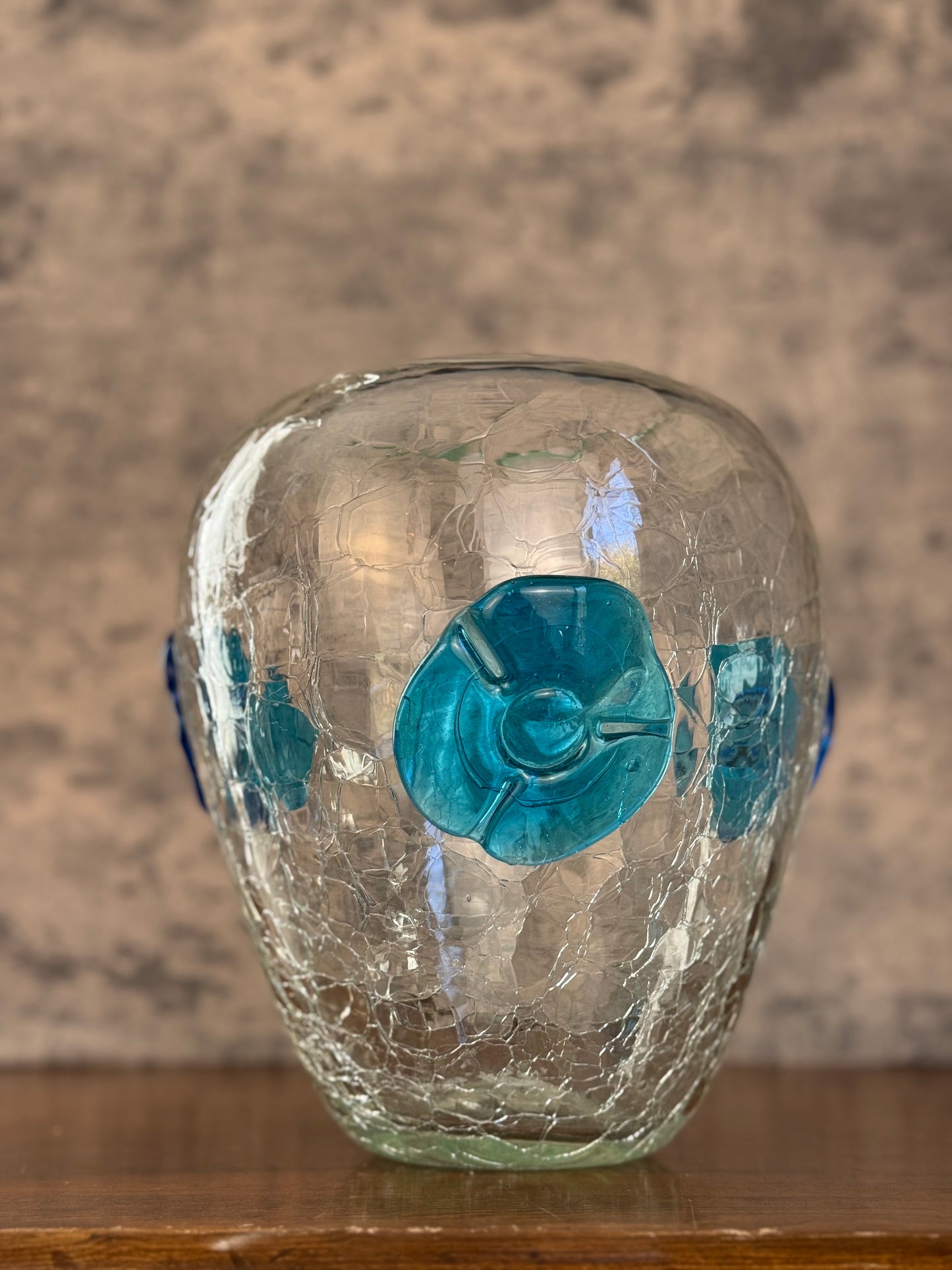 Blenko Crackle Glass Vase with Blue Flowers (1950's)