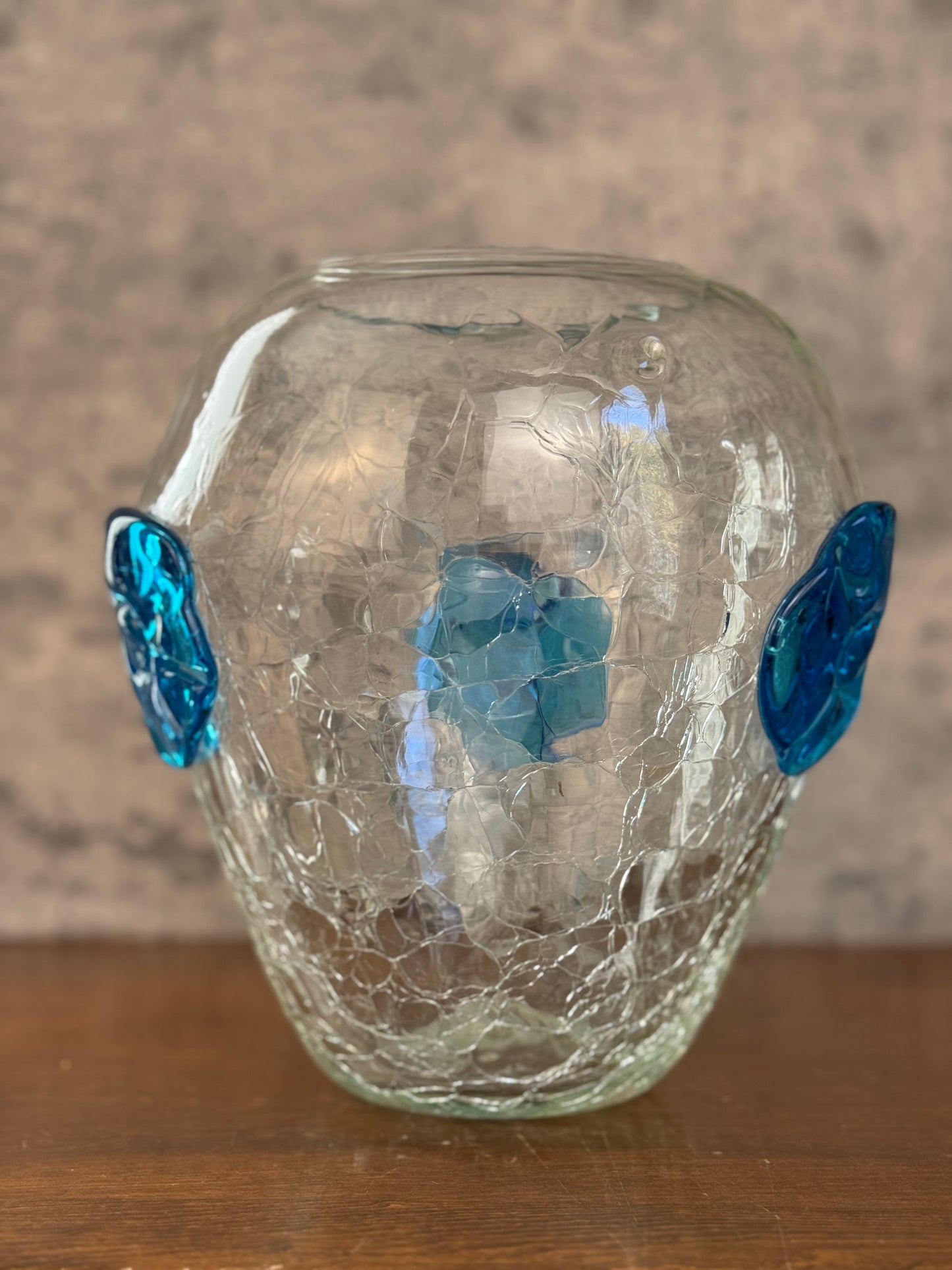 Blenko Crackle Glass Vase with Blue Flowers (1950's)